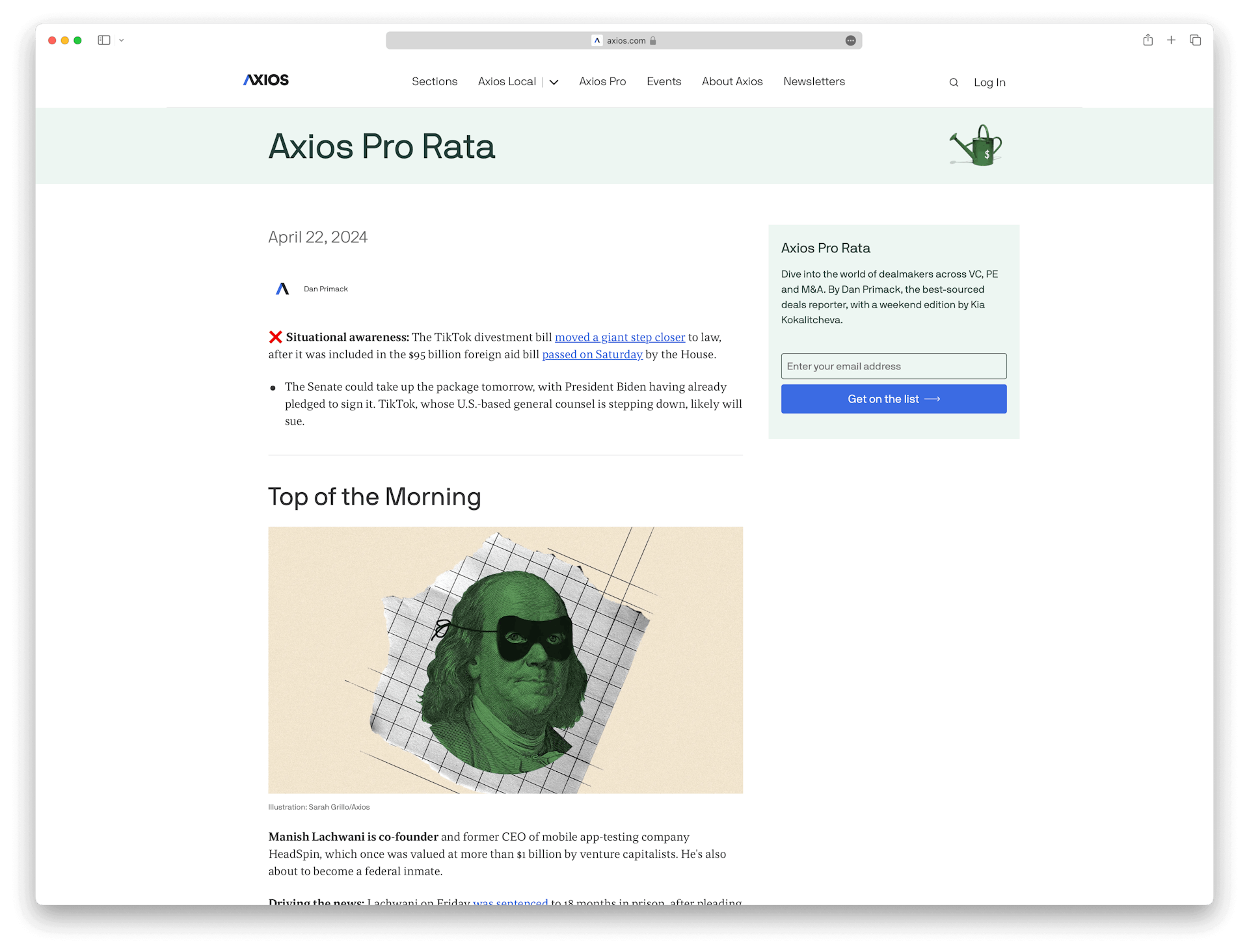 Screenshot example of axios-pro-rata newsletter