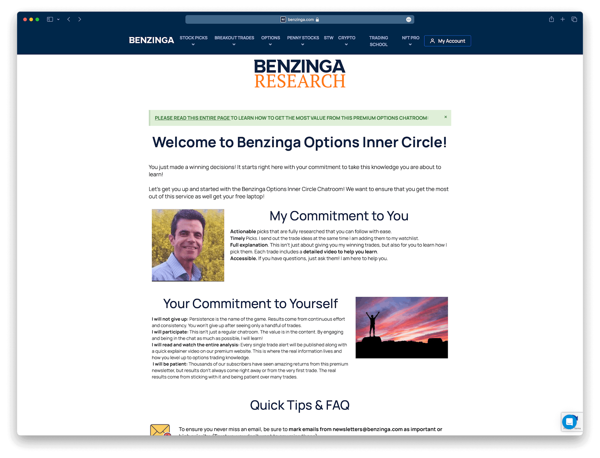Screenshot example of benzinga-options newsletter