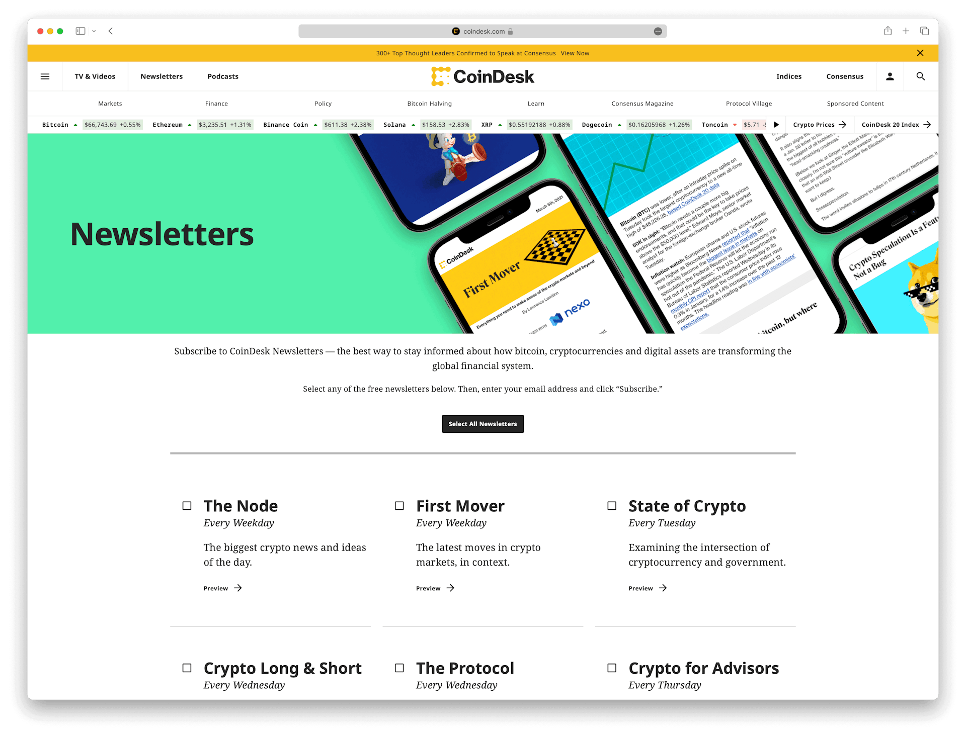 Screenshot example of coindesk newsletter