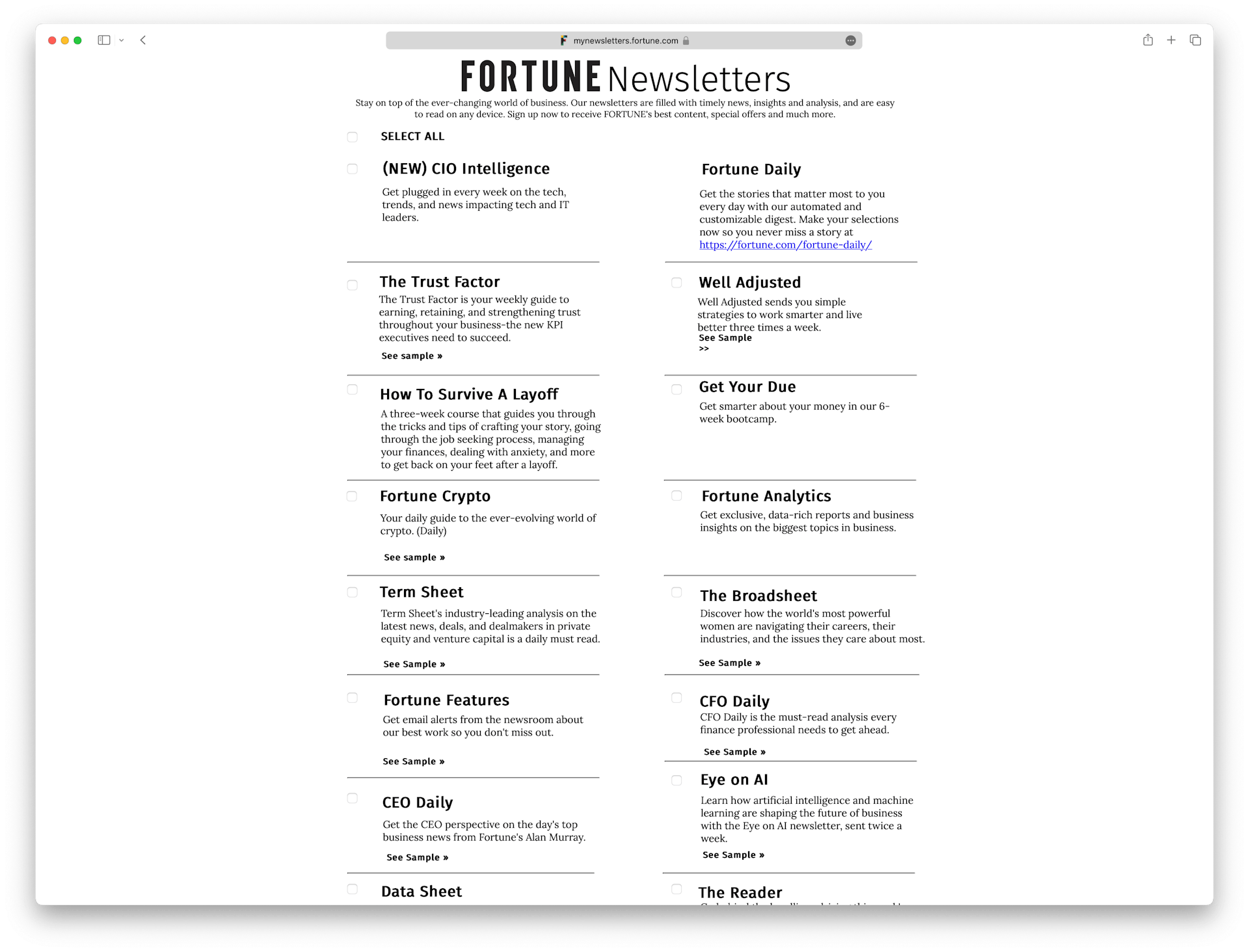 Screenshot example of fortune-newsletters newsletter