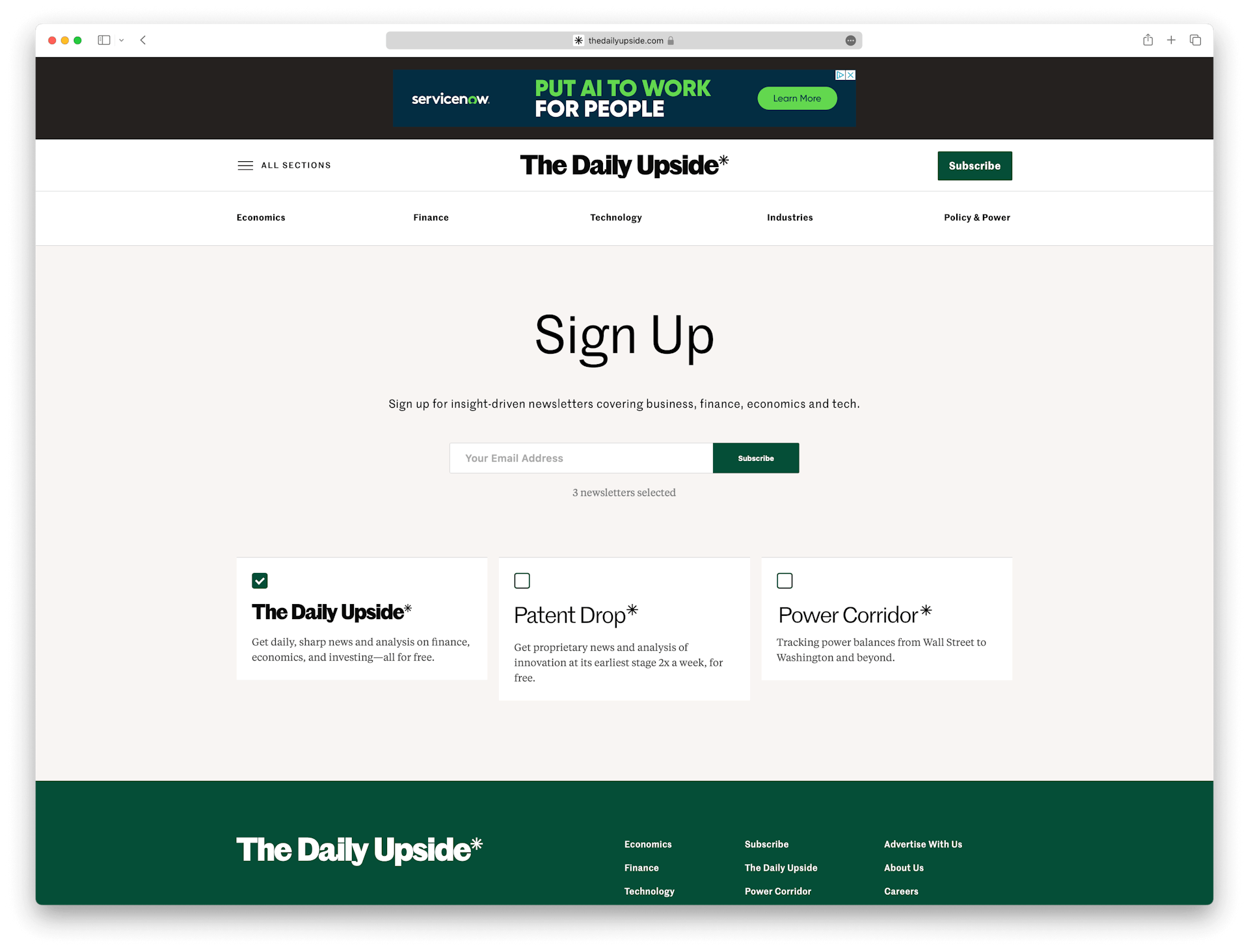 Screenshot example of the-daily-upside newsletter