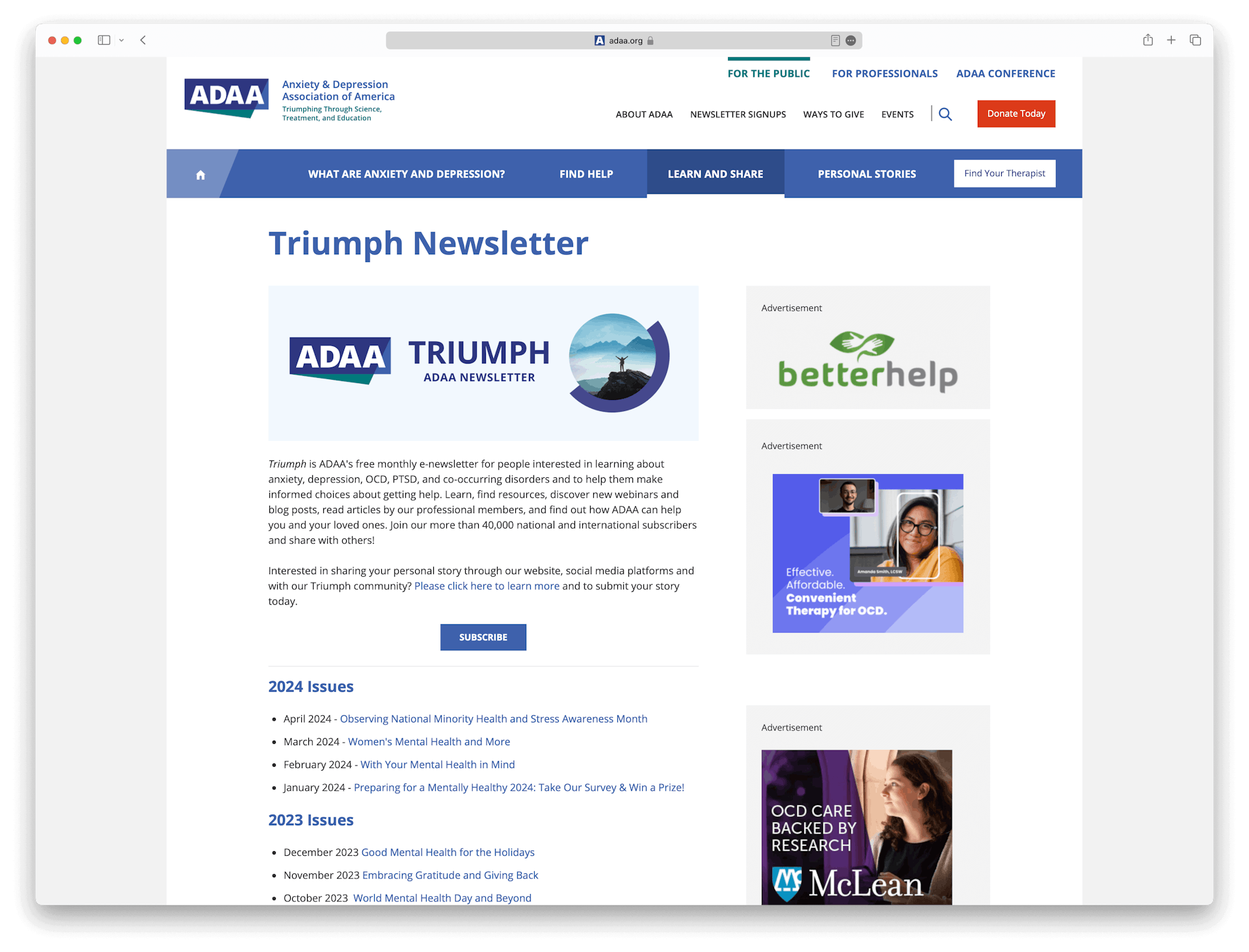 Screenshot example of triumph-adaa newsletter