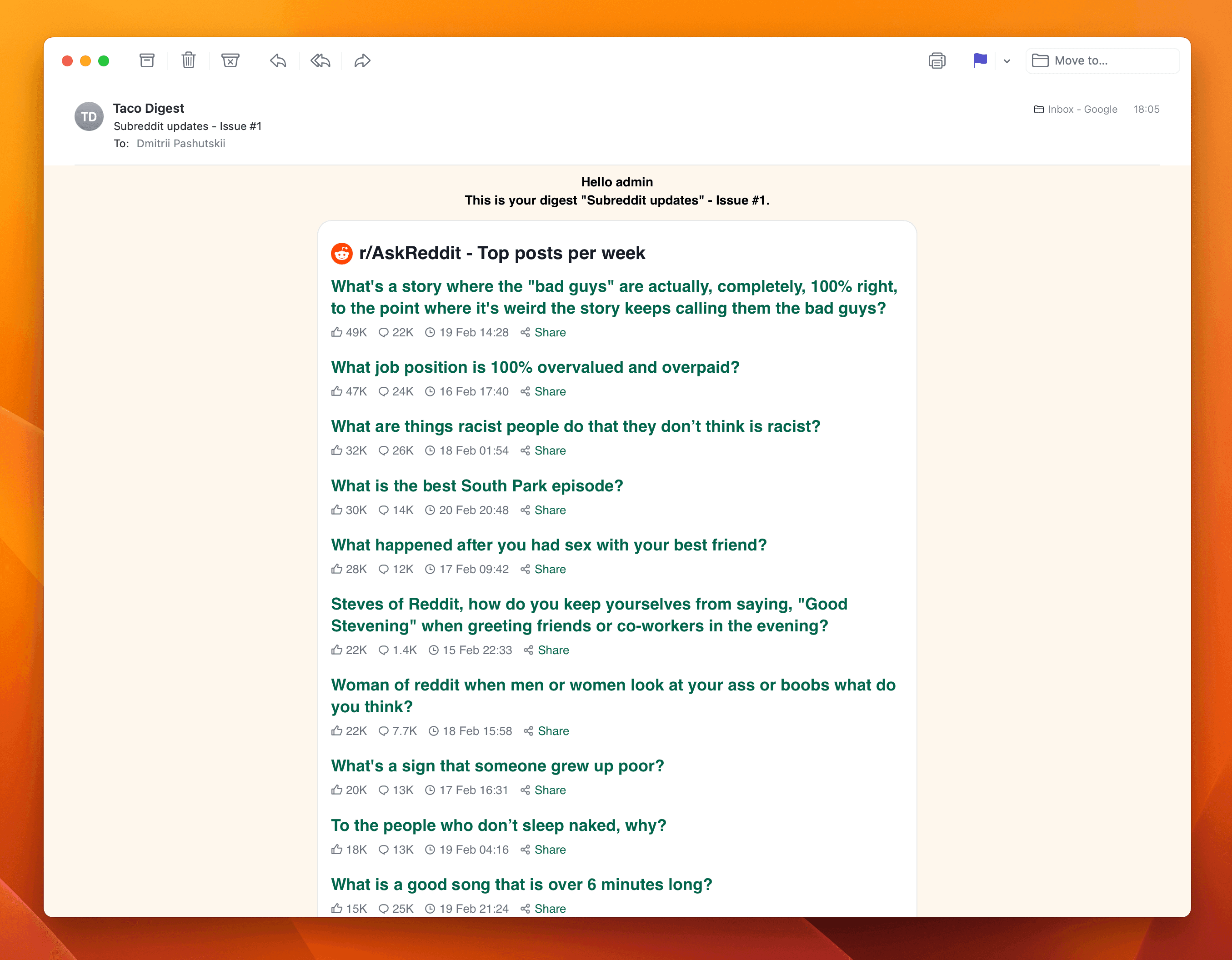 Screenshot example of r/AskReddit newsletter