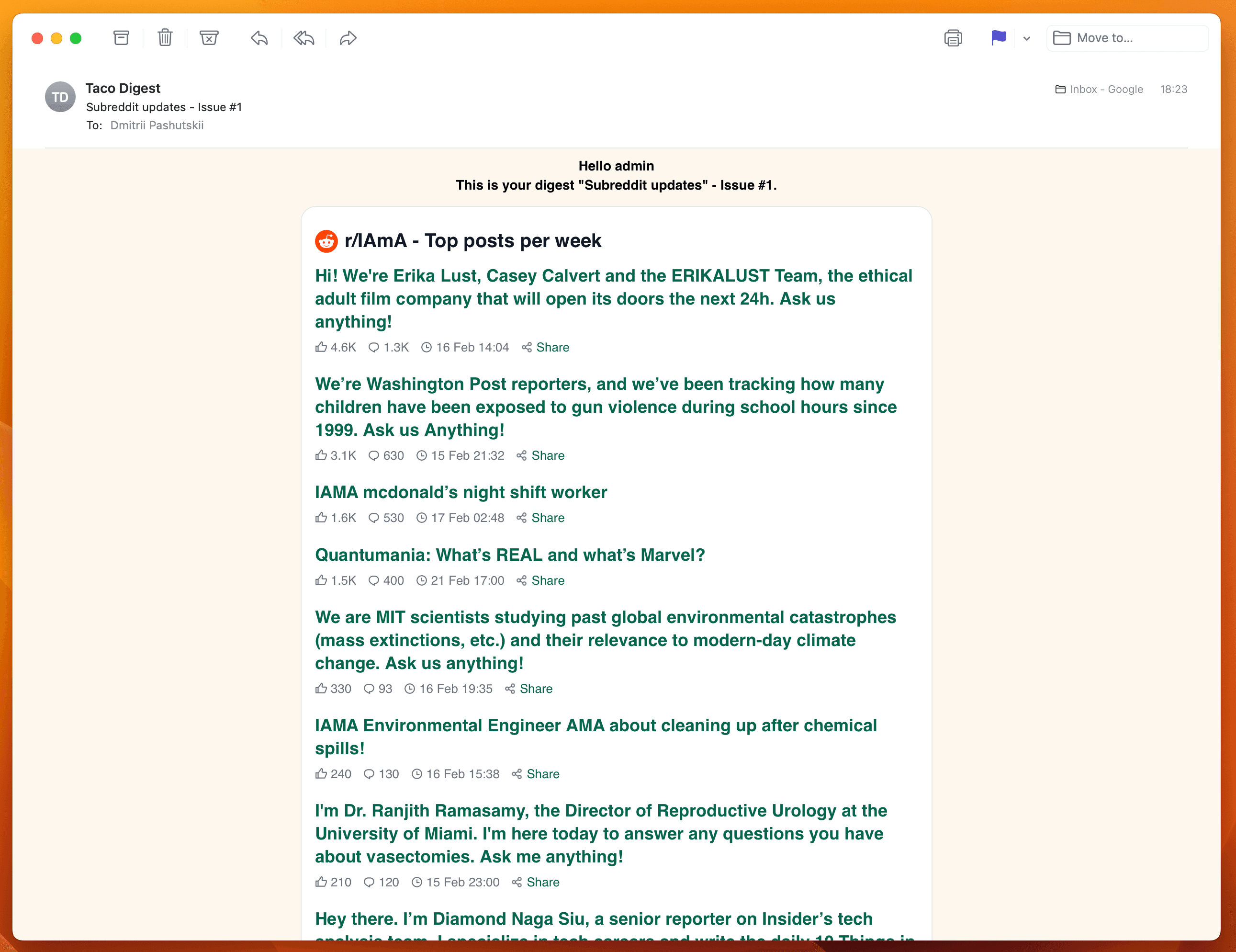 Screenshot example of r/IAmA newsletter