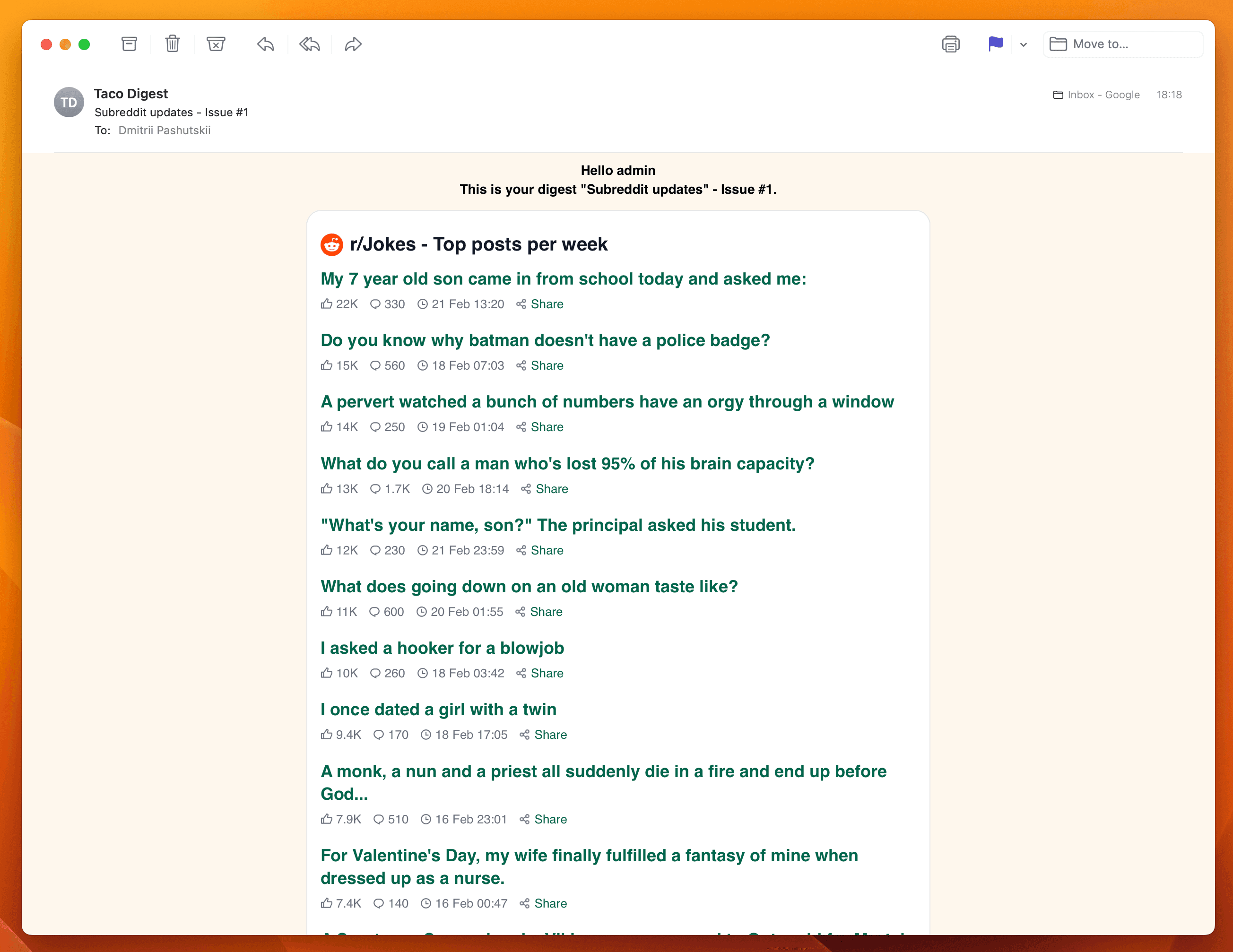 Screenshot example of r/Jokes newsletter