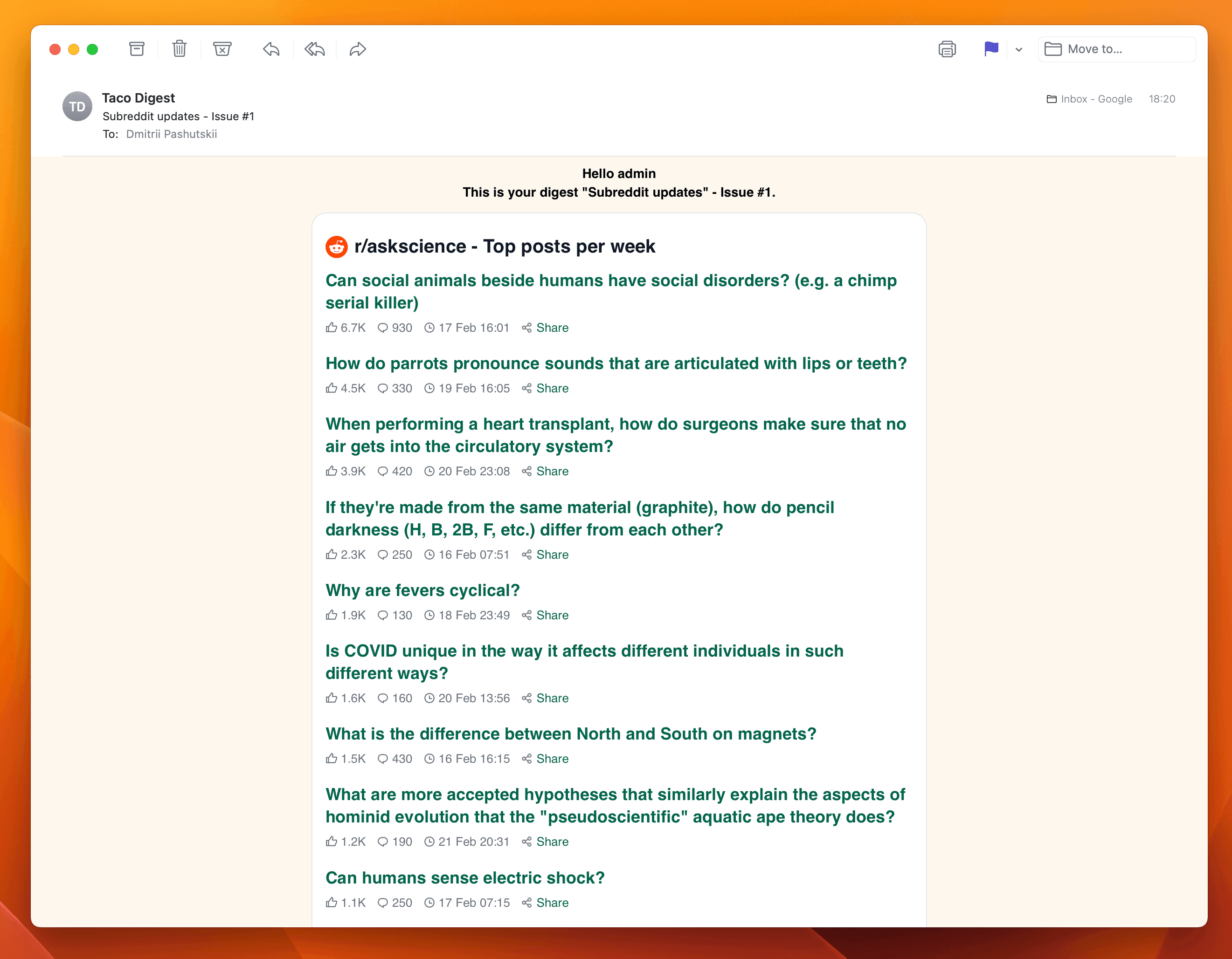 Screenshot example of r/askscience newsletter