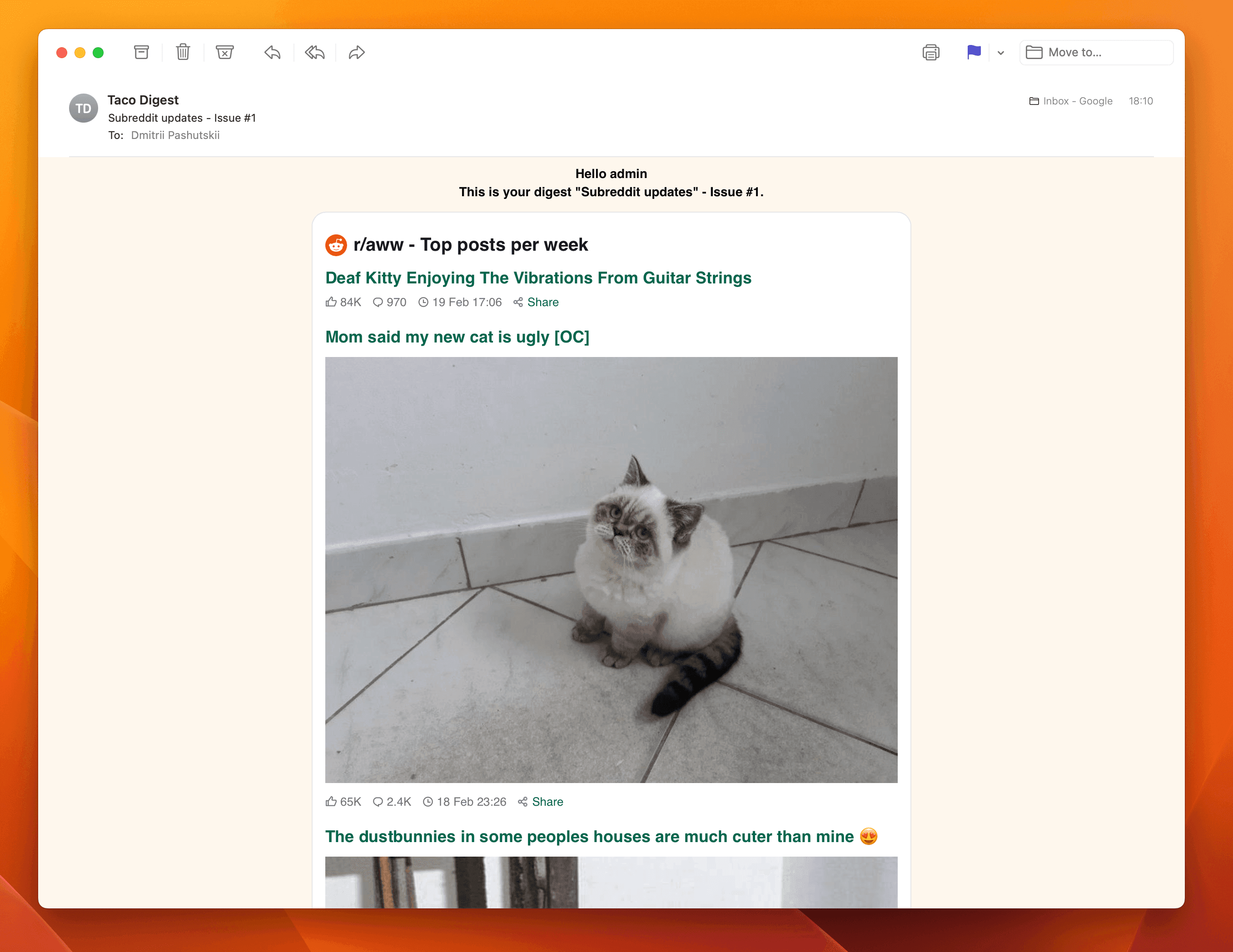 Screenshot example of r/aww newsletter