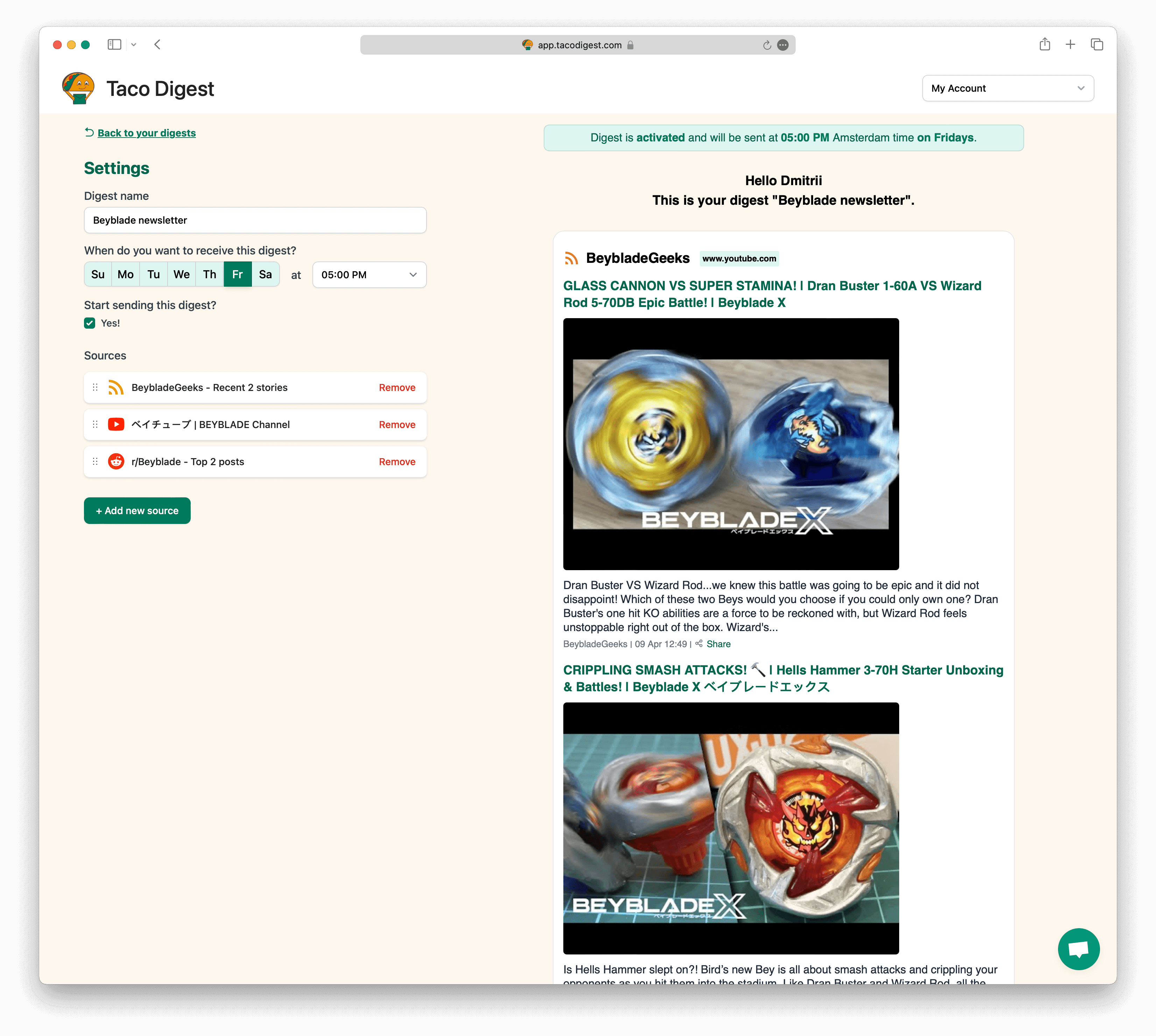 Screenshot example of Beyblade newsletter