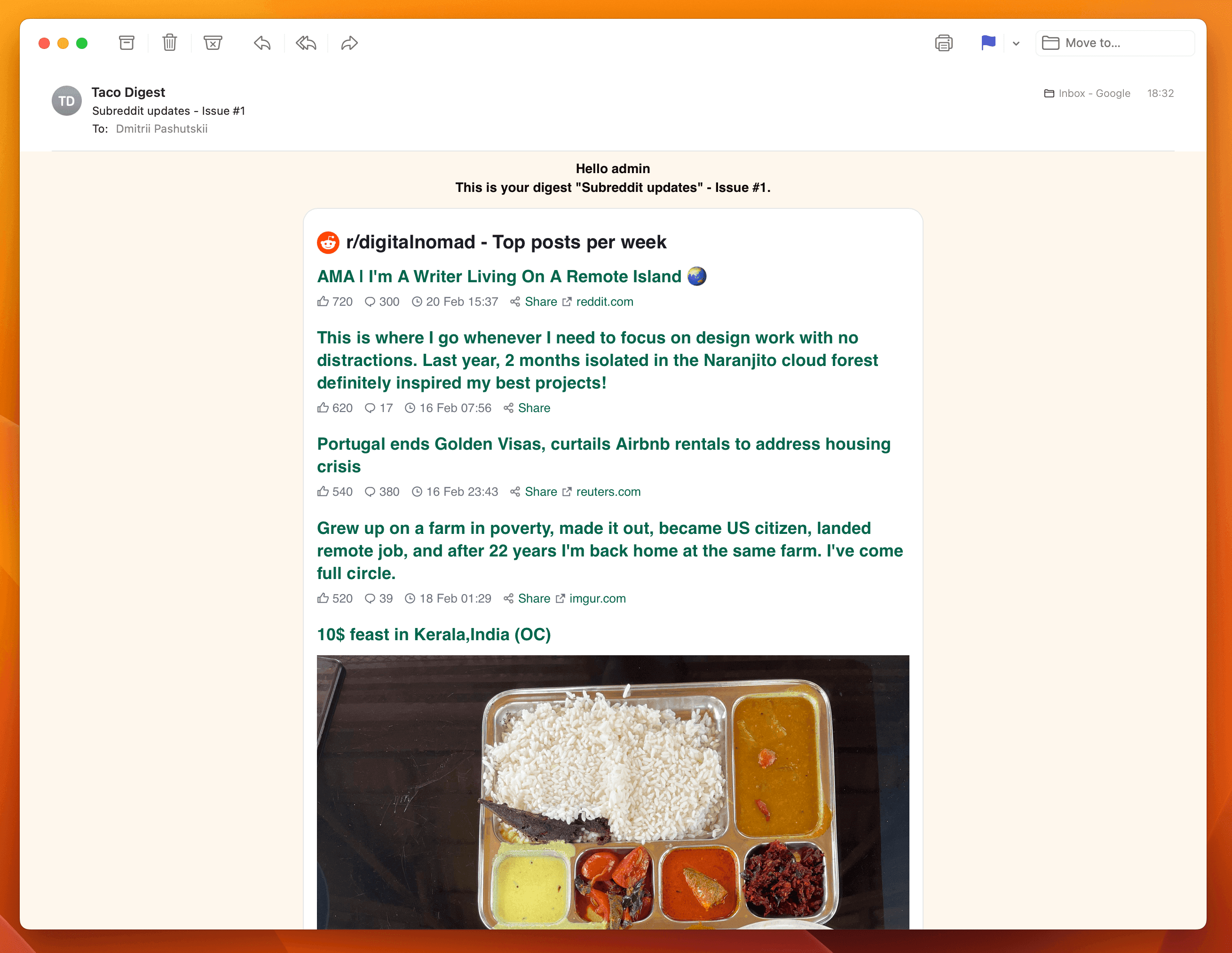 Screenshot example of r/digitalnomad newsletter