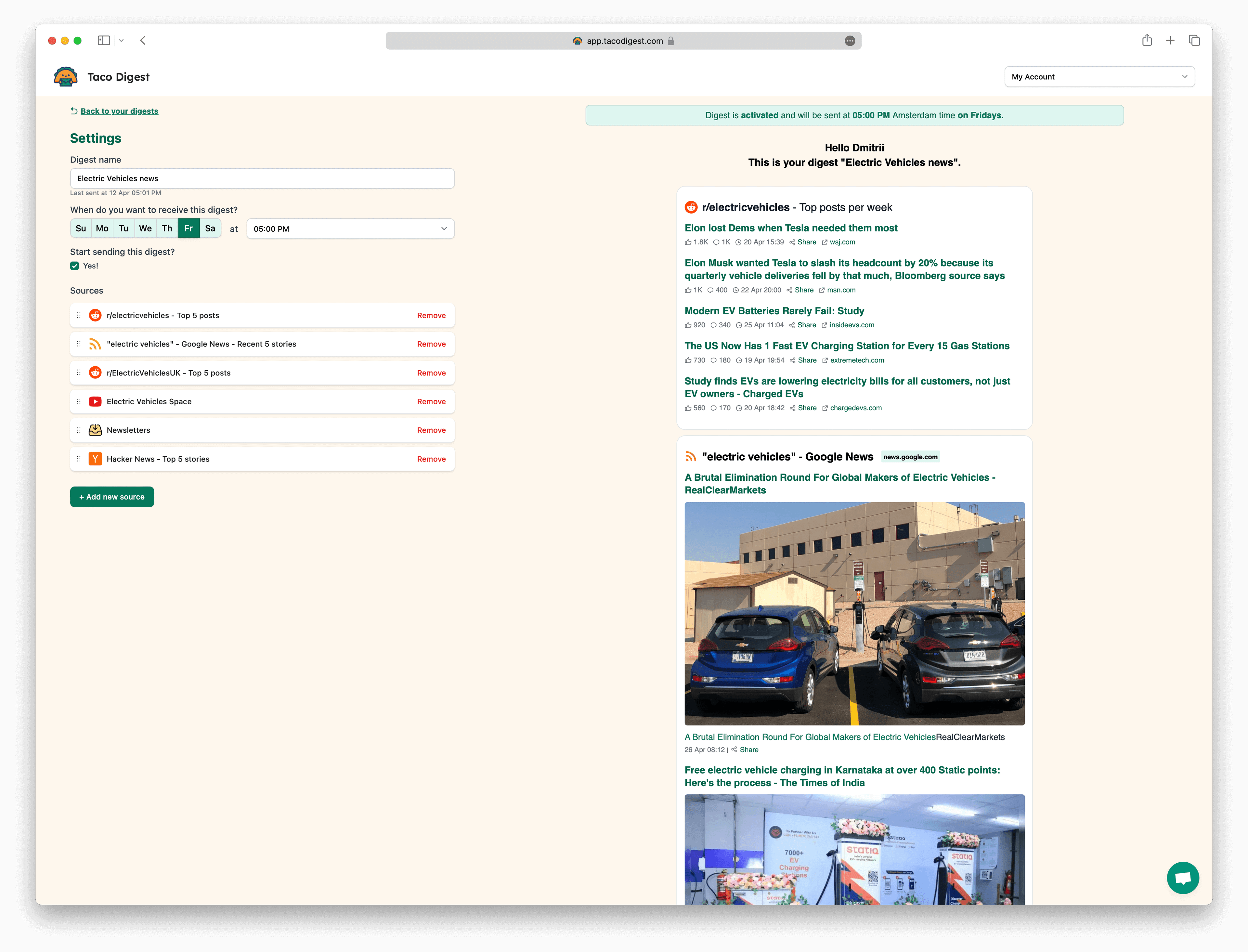 Screenshot example of Electric Vehicles newsletter