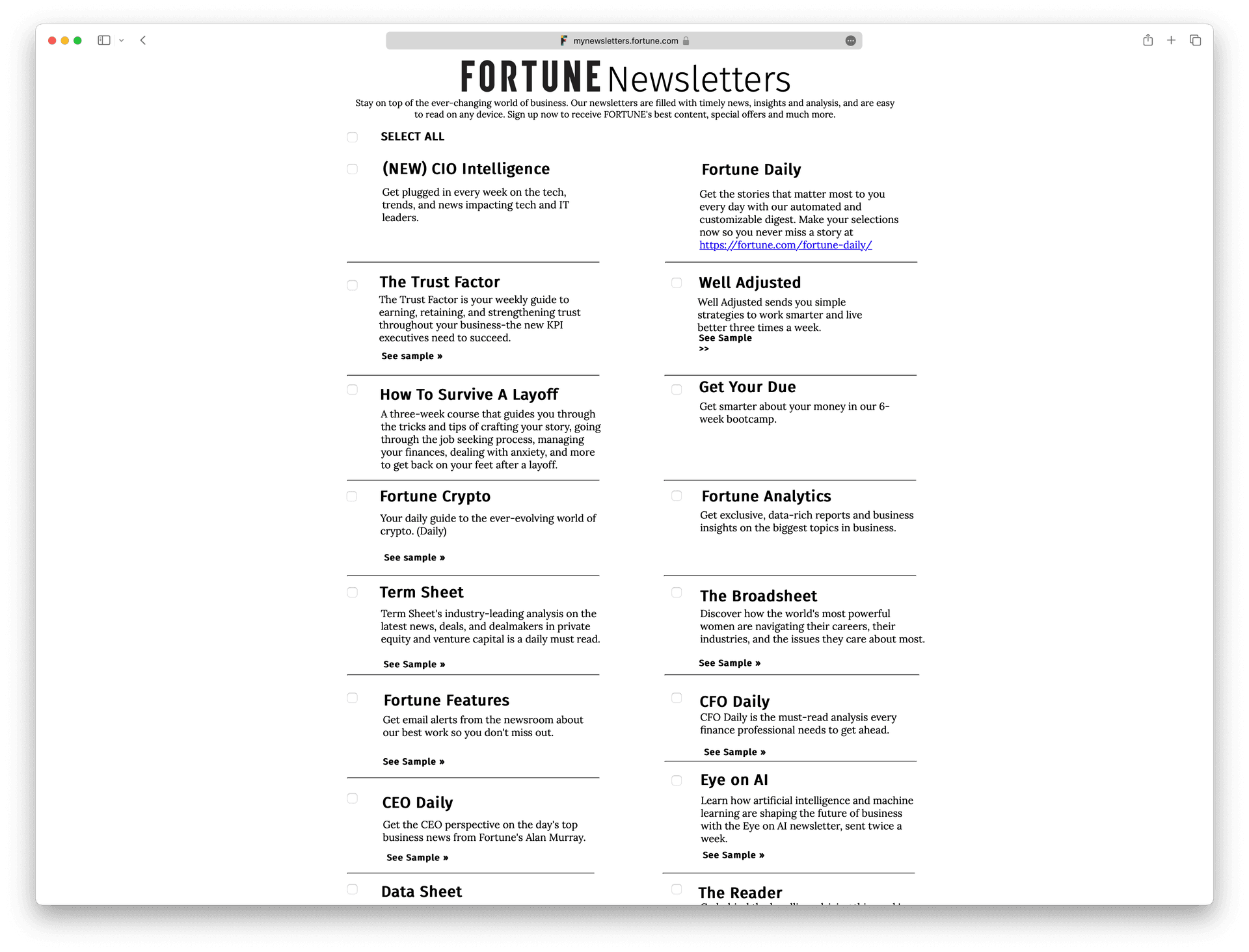 Screenshot example of fortune-newsletters newsletter