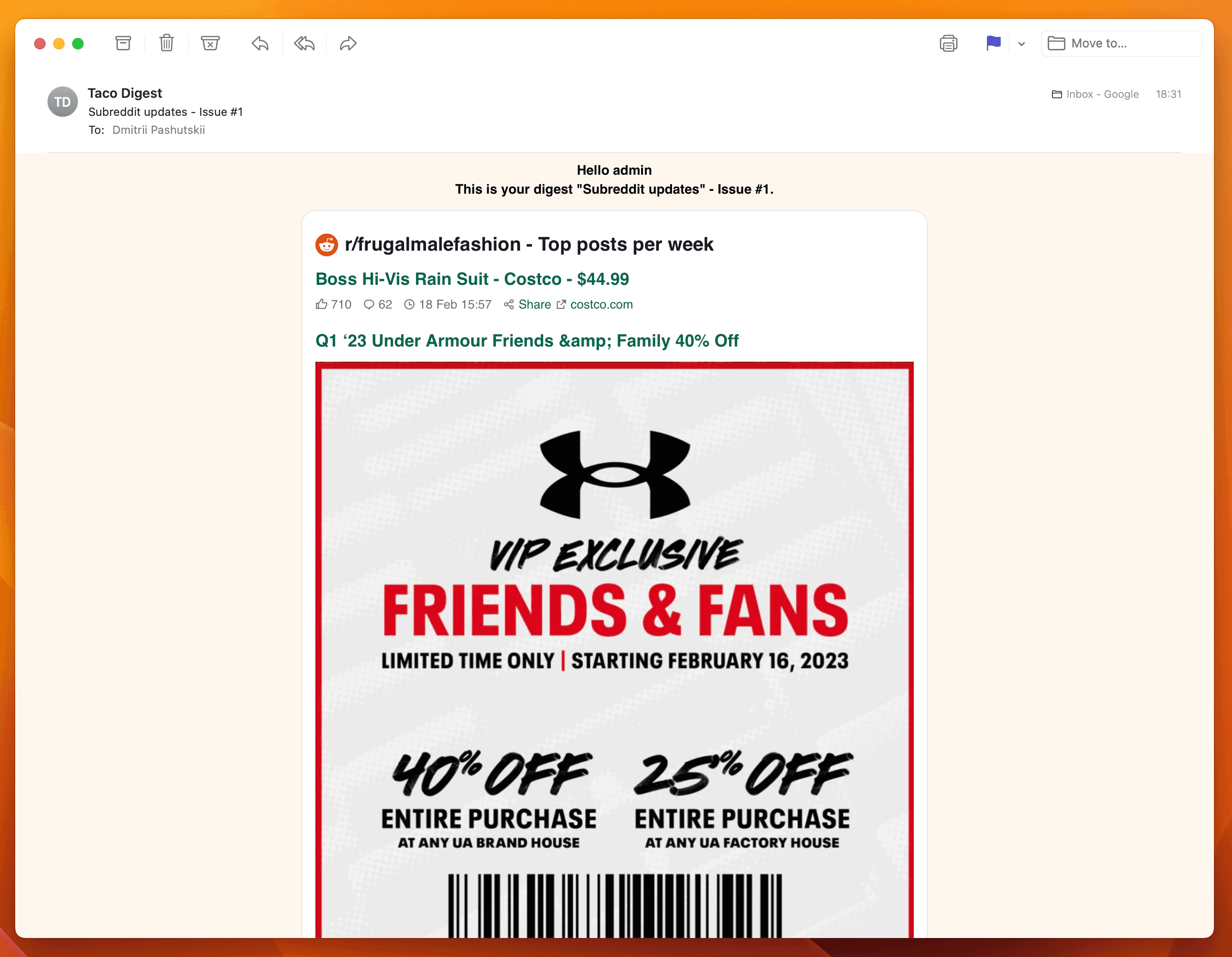 Screenshot example of r/frugalmalefashion newsletter