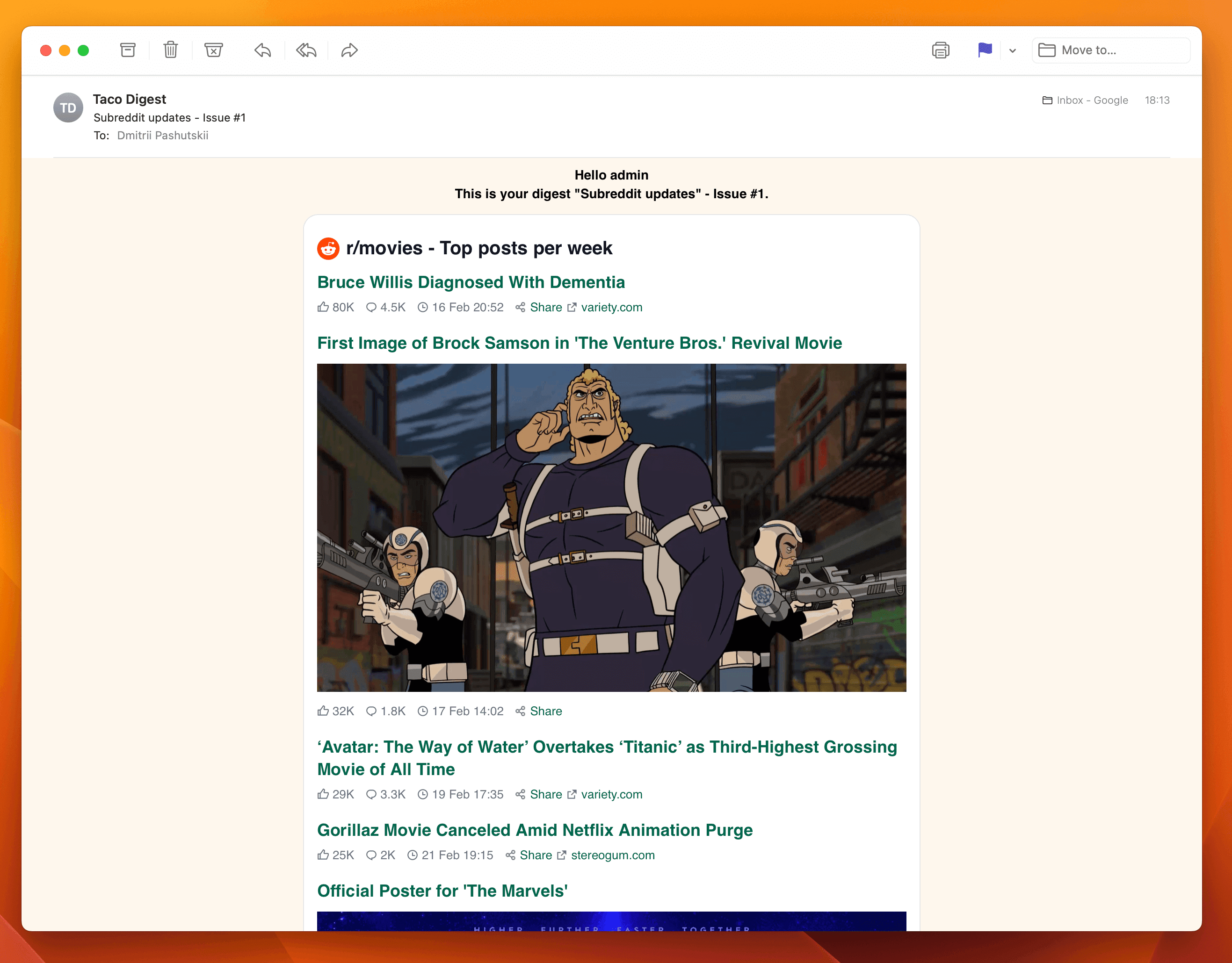 Screenshot example of r/movies newsletter