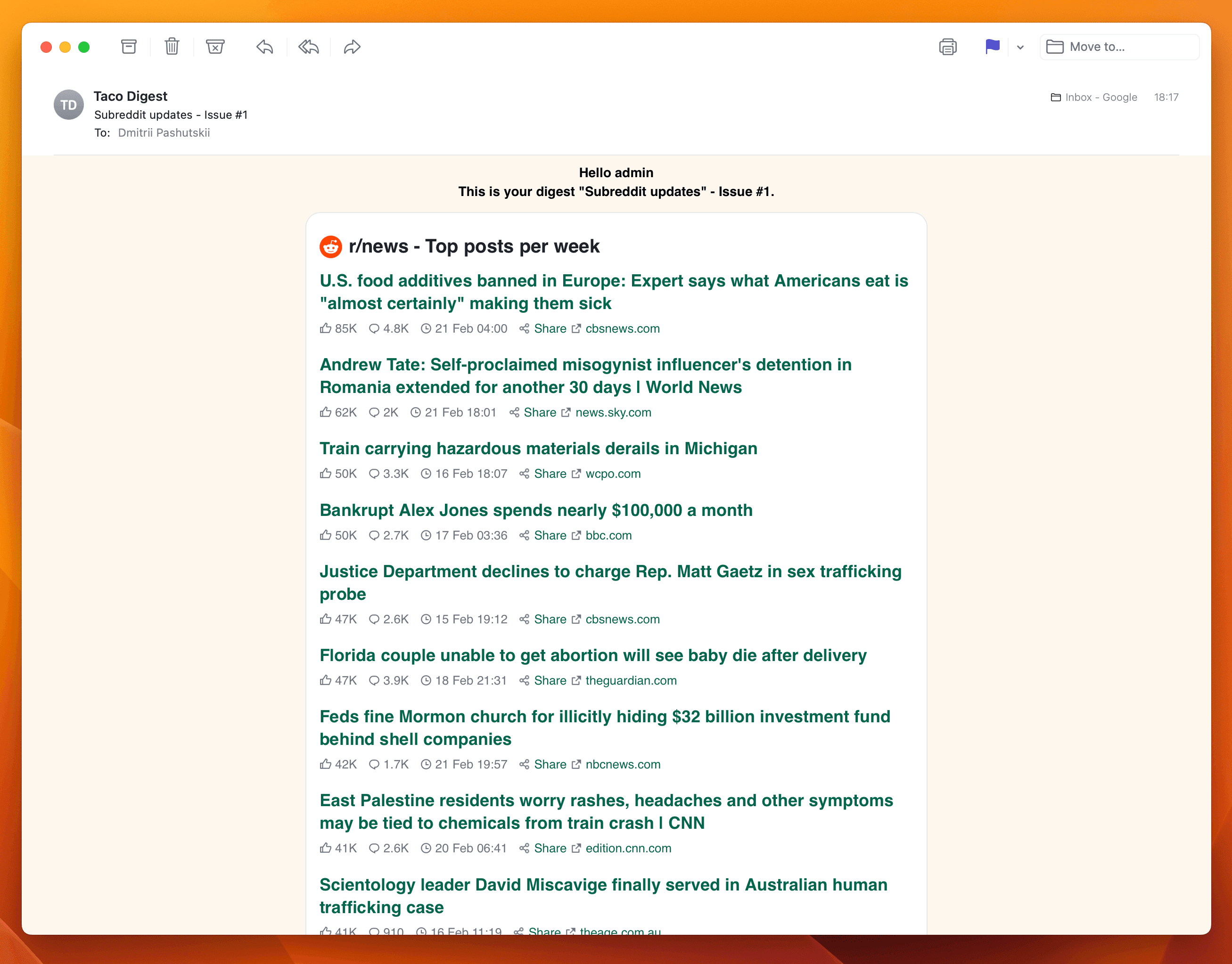 Screenshot example of r/news newsletter