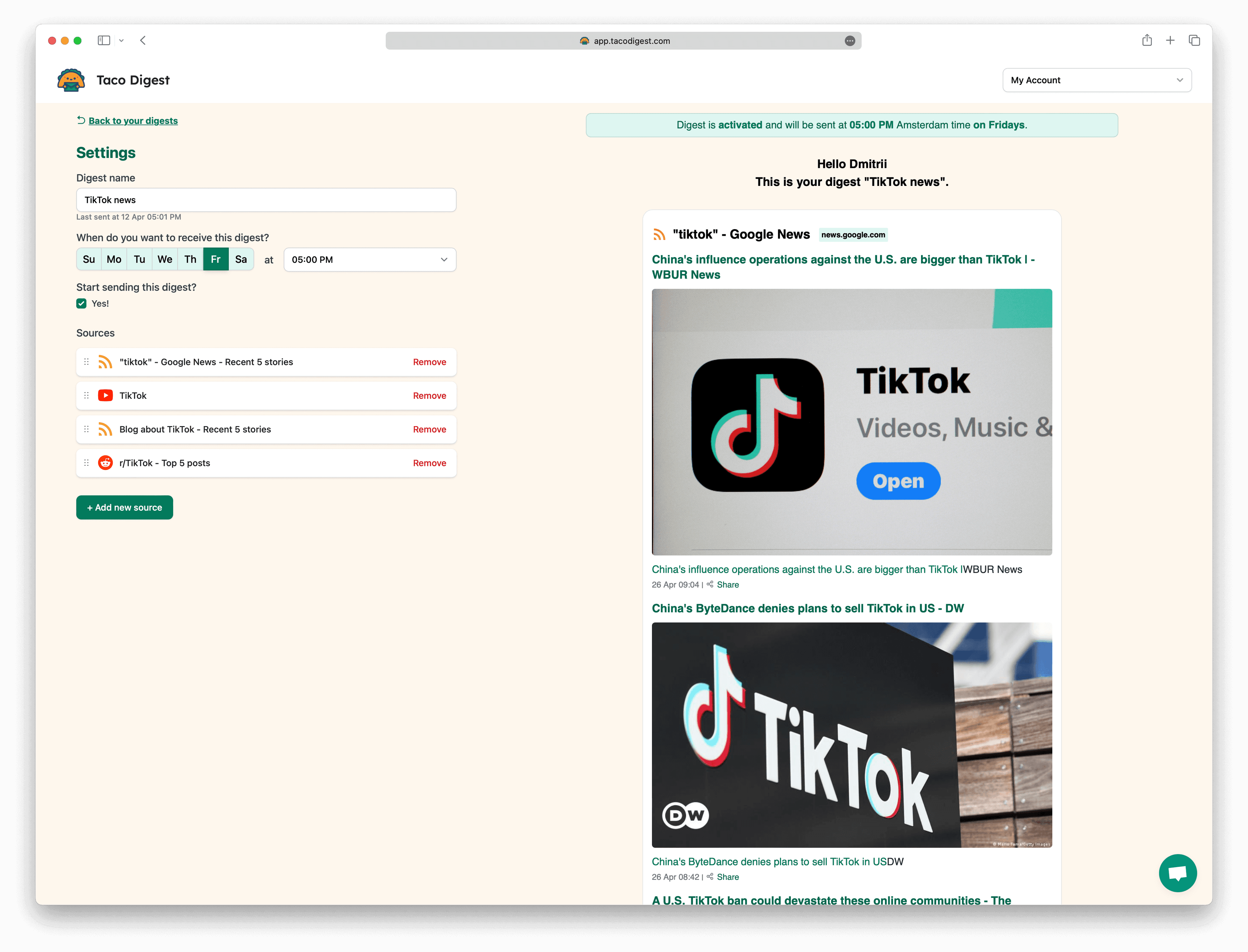 Screenshot example of TikTok newsletter