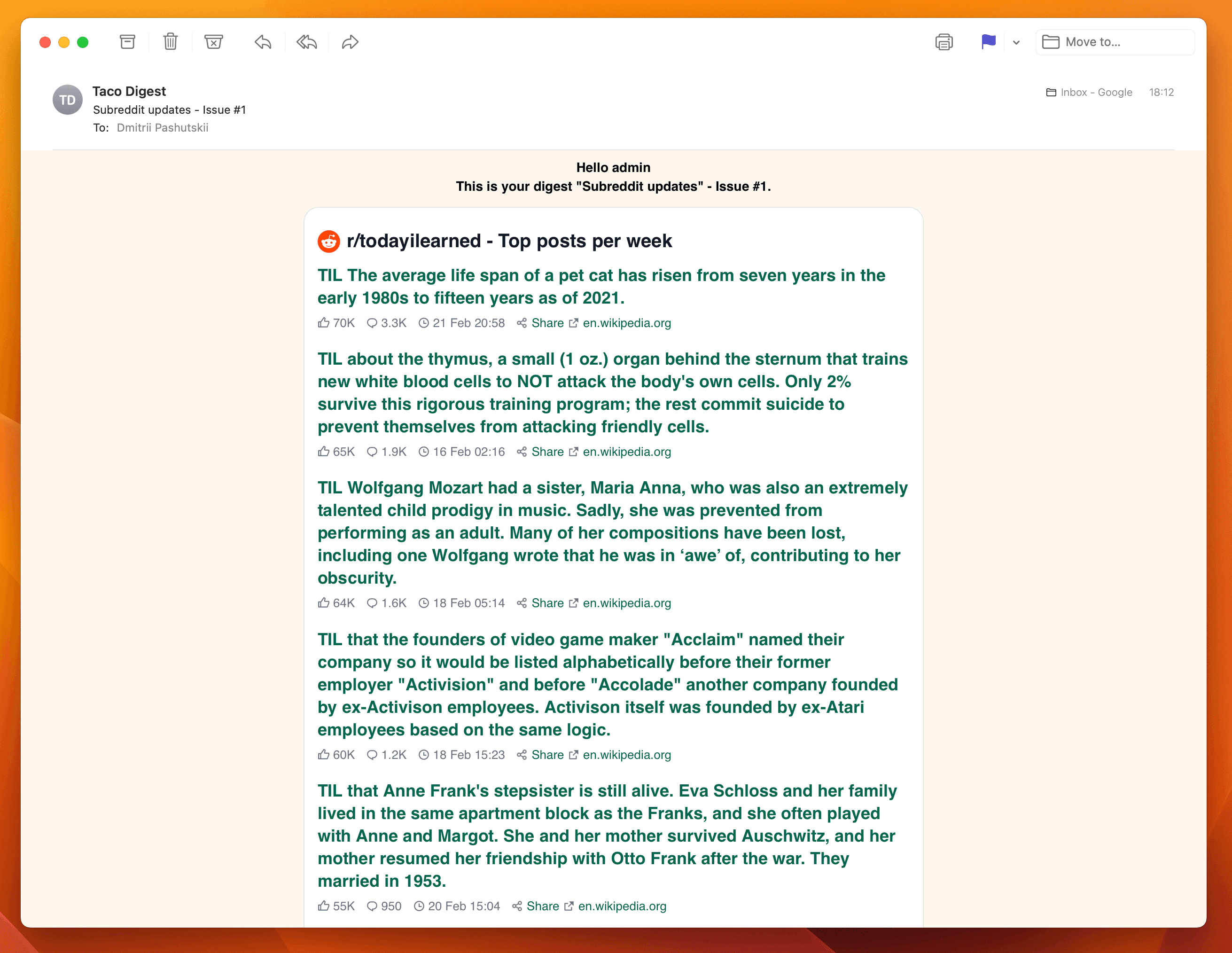 Screenshot example of r/todayilearned newsletter