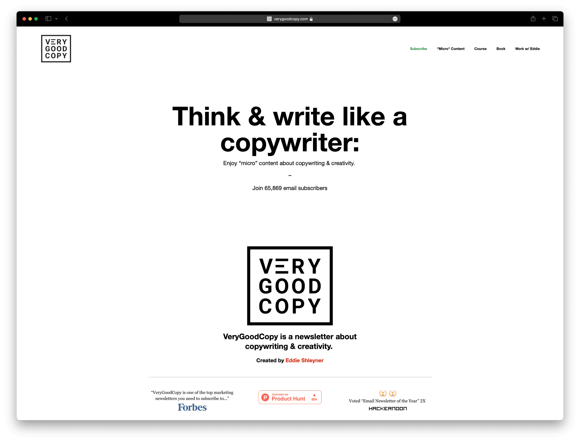 Screenshot example of verygoodcopy newsletter