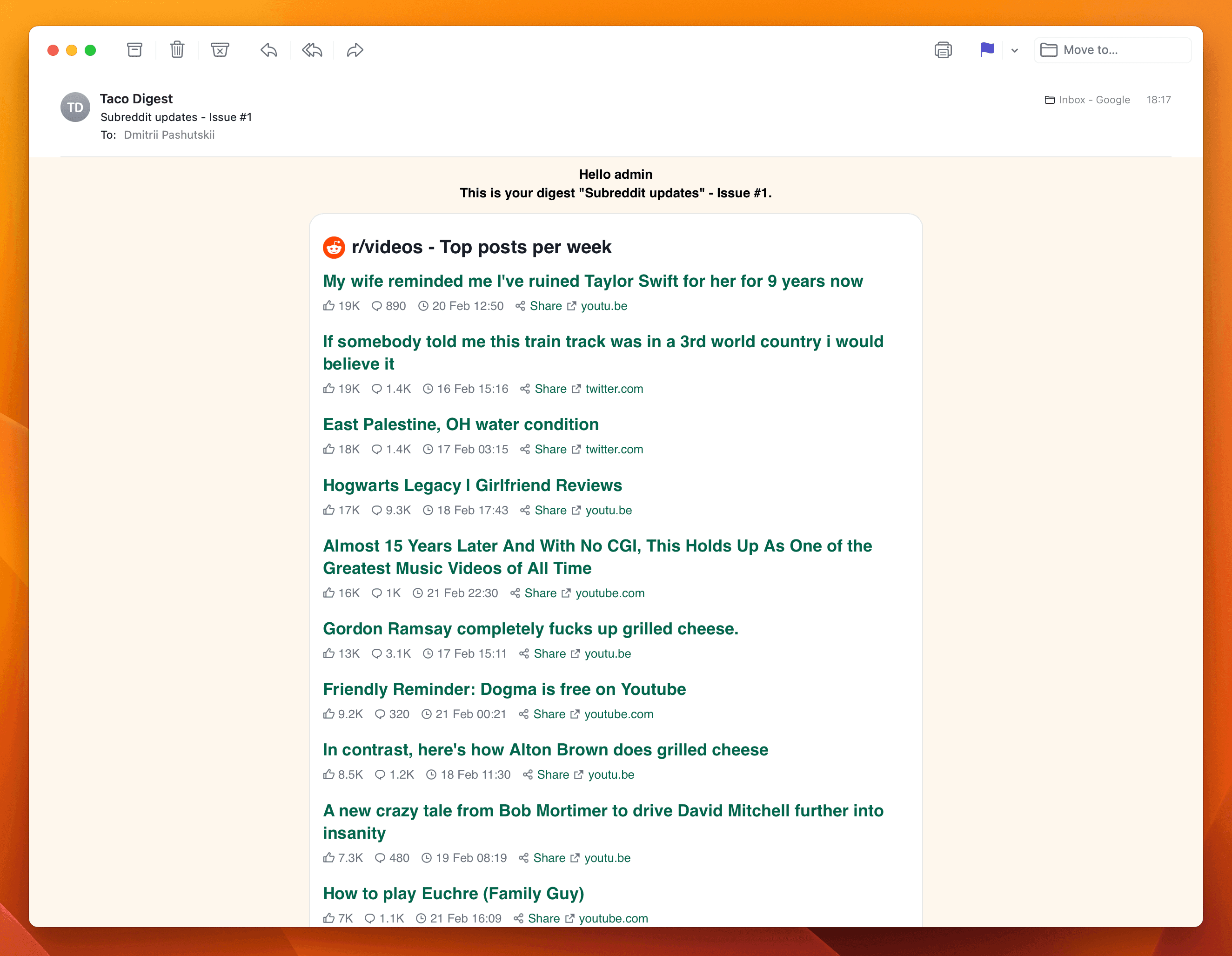 Screenshot example of r/videos newsletter