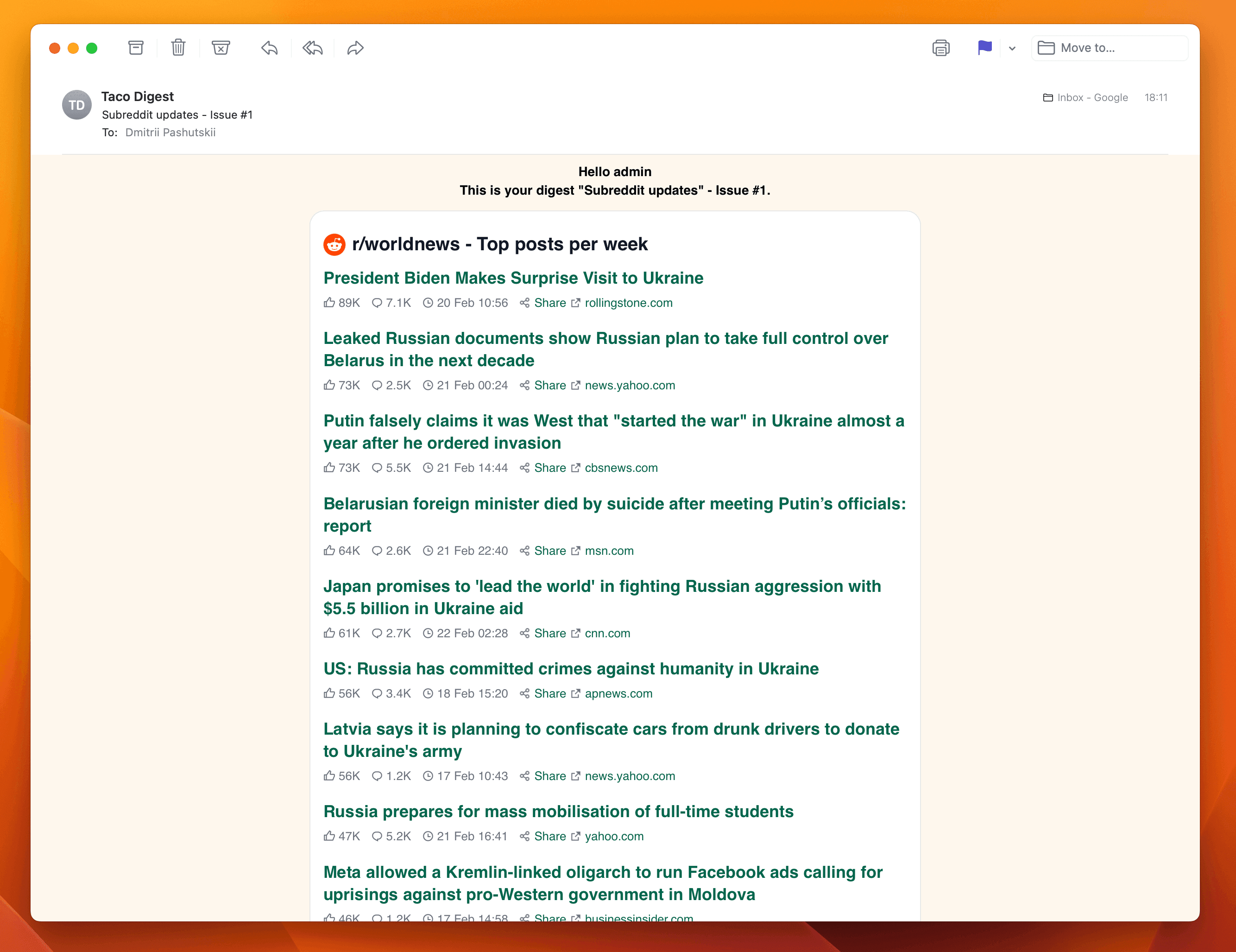 Screenshot example of r/worldnews newsletter