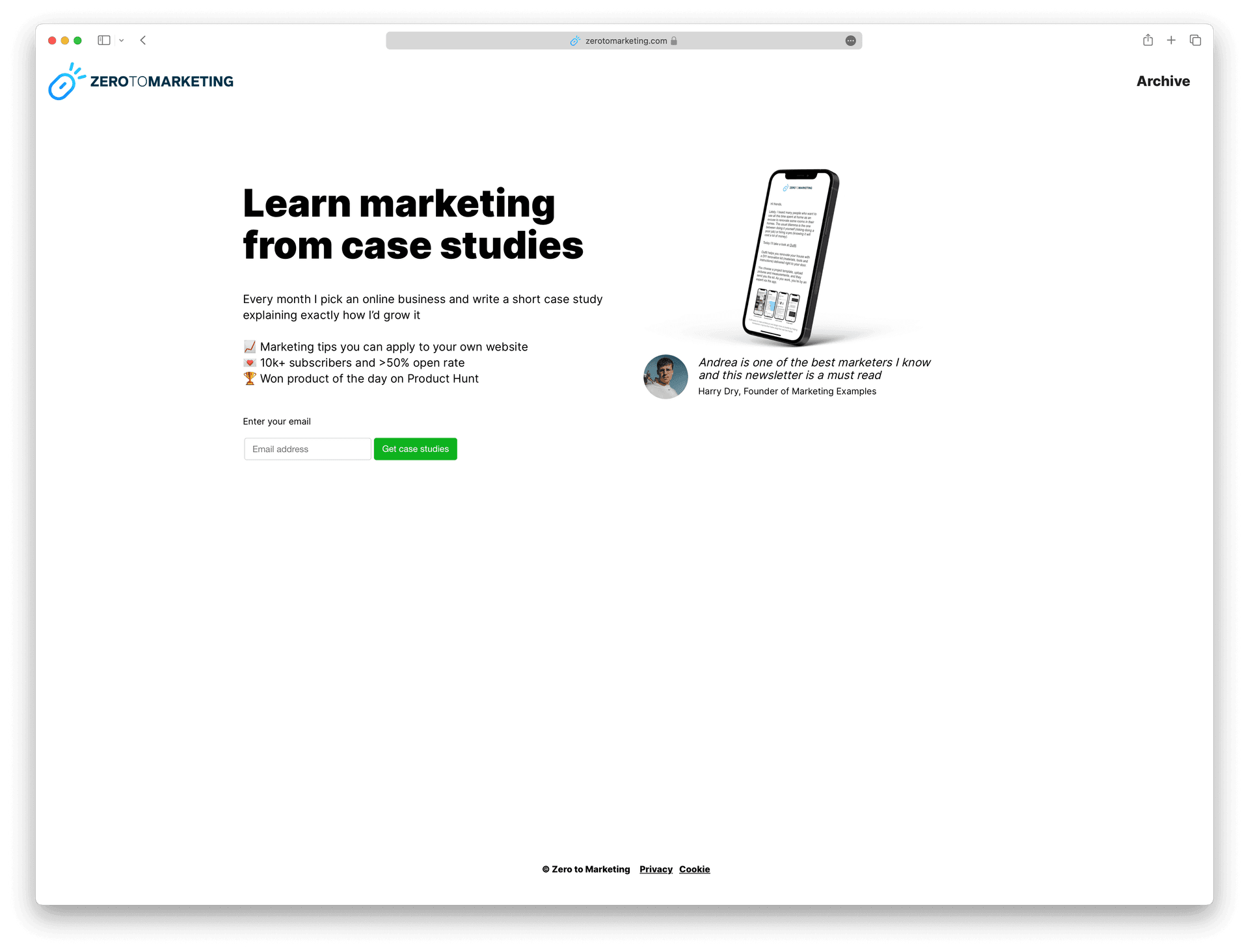 Screenshot example of zero-to-marketing newsletter