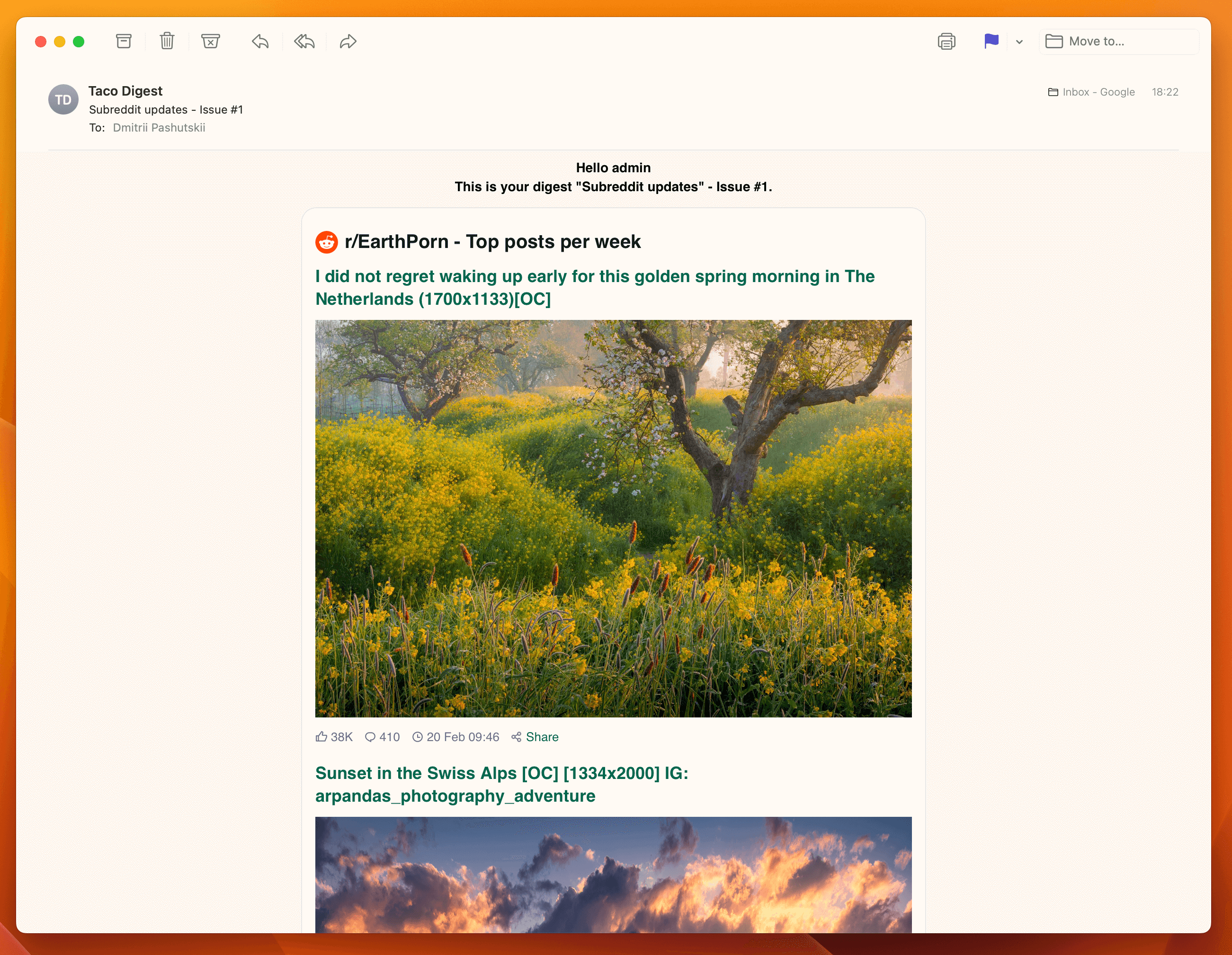 Screenshot example of r/EarthPorn newsletter