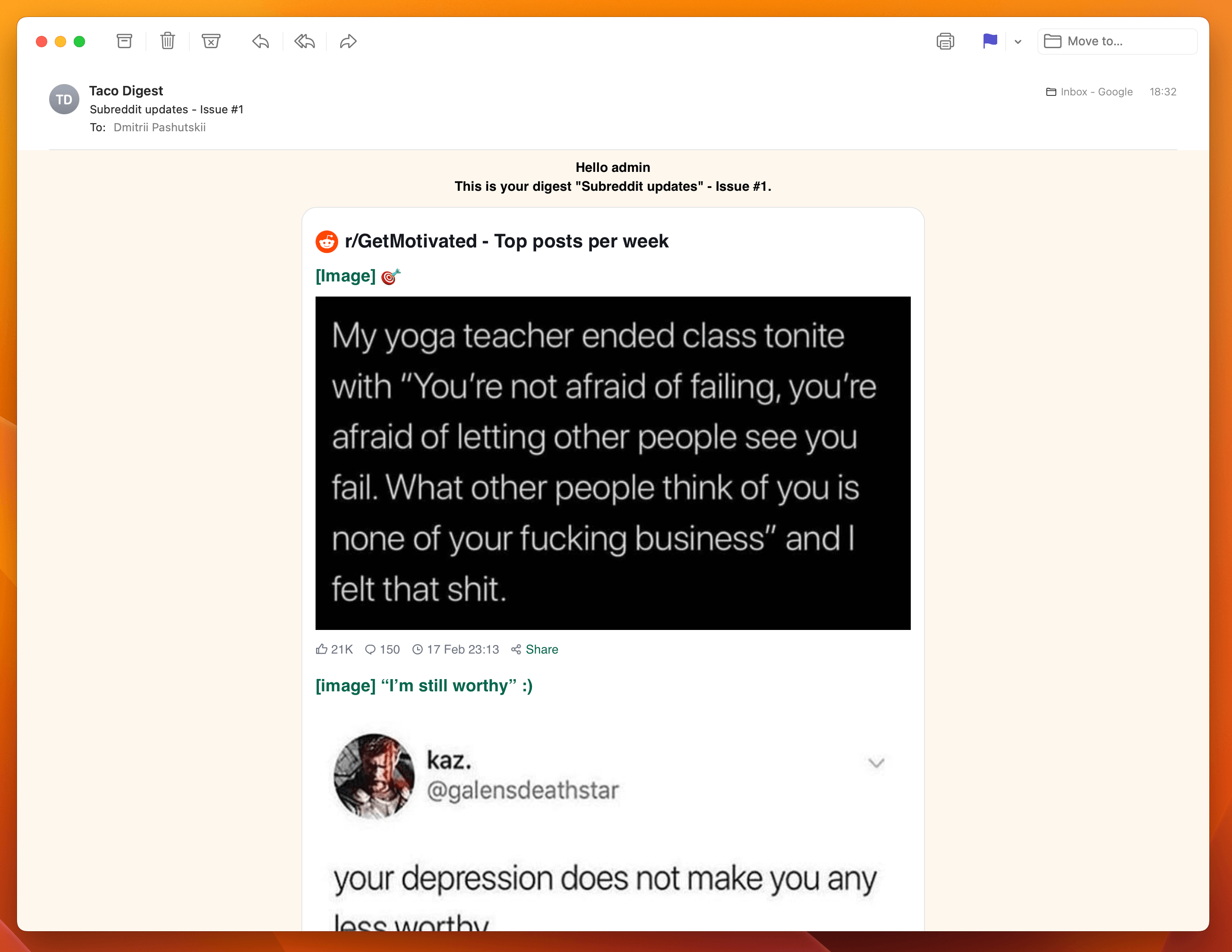 Screenshot example of r/GetMotivated newsletter