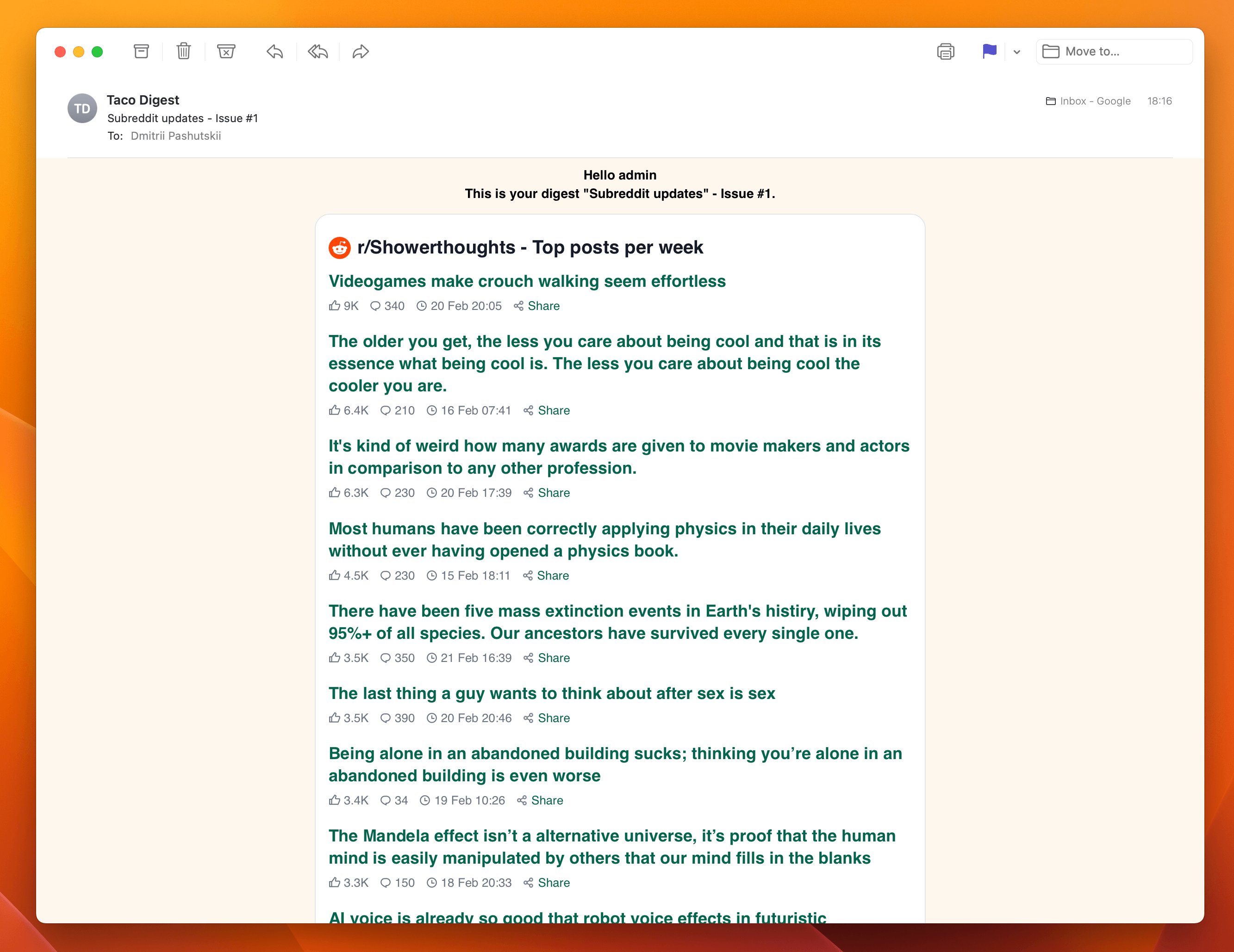 Screenshot example of r/Showerthoughts newsletter