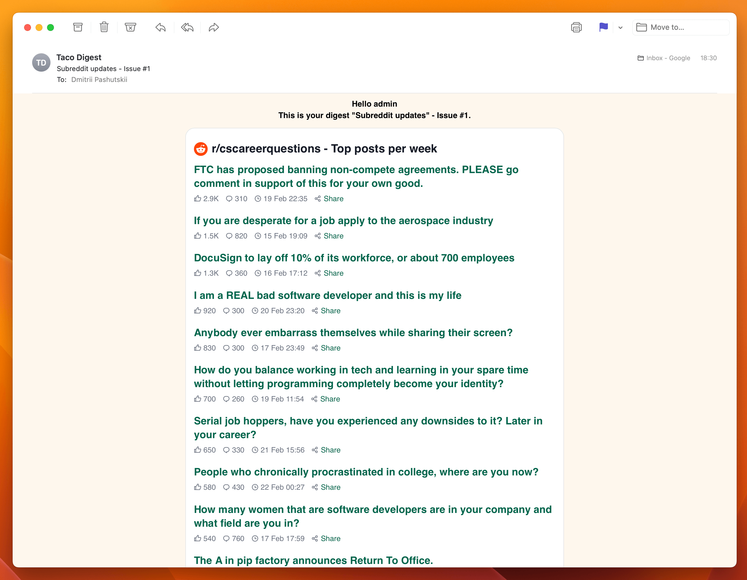 Screenshot example of r/cscareerquestions newsletter