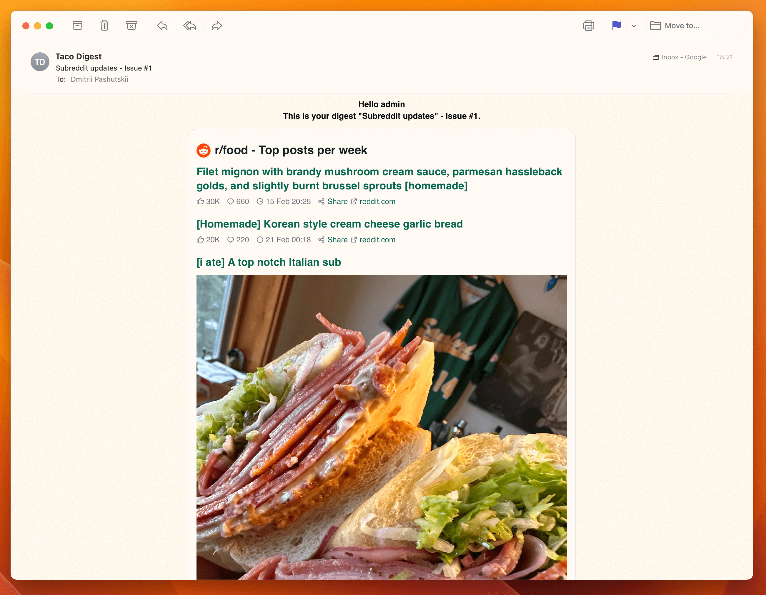 Screenshot example of r/food newsletter