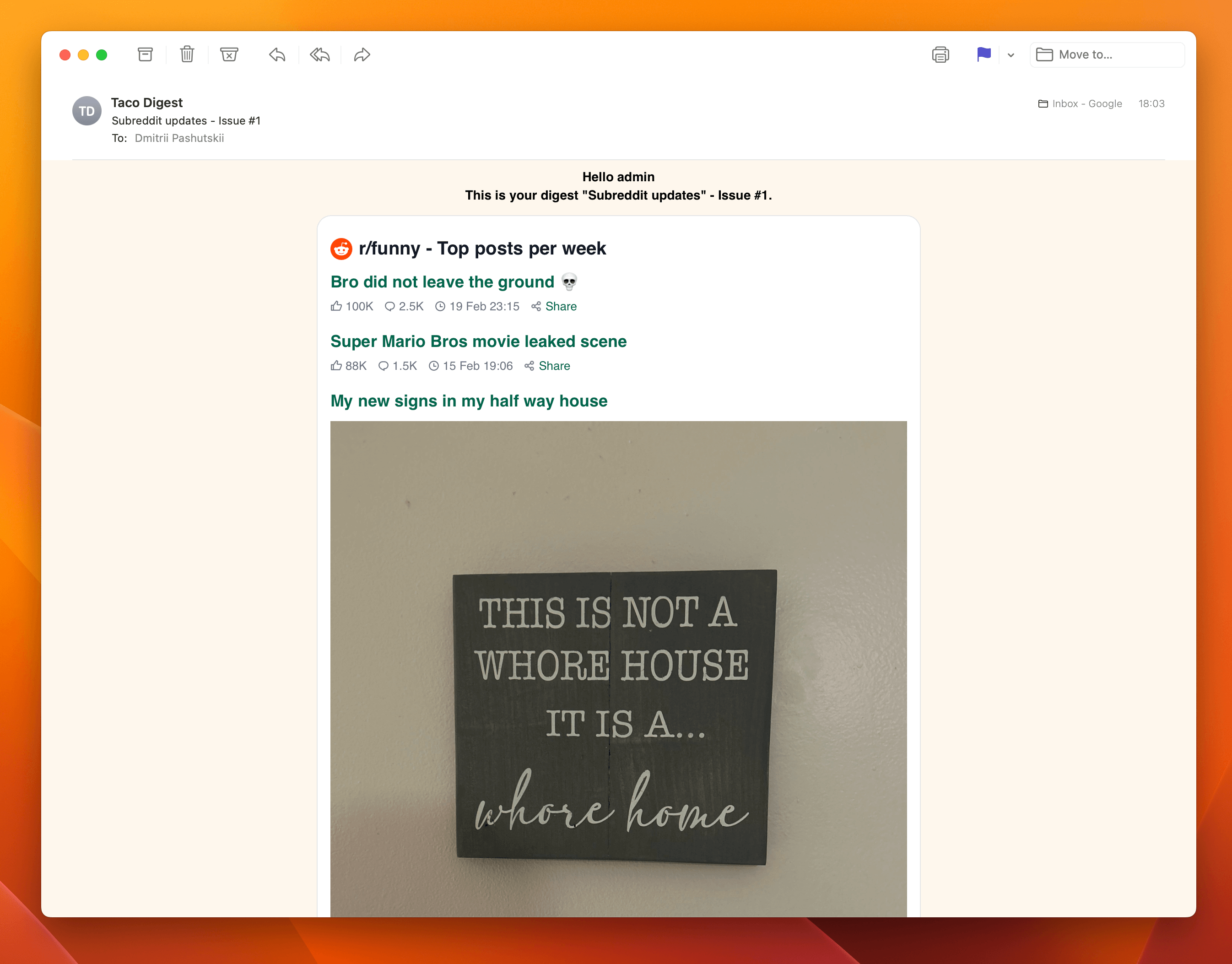 Screenshot example of r/funny newsletter
