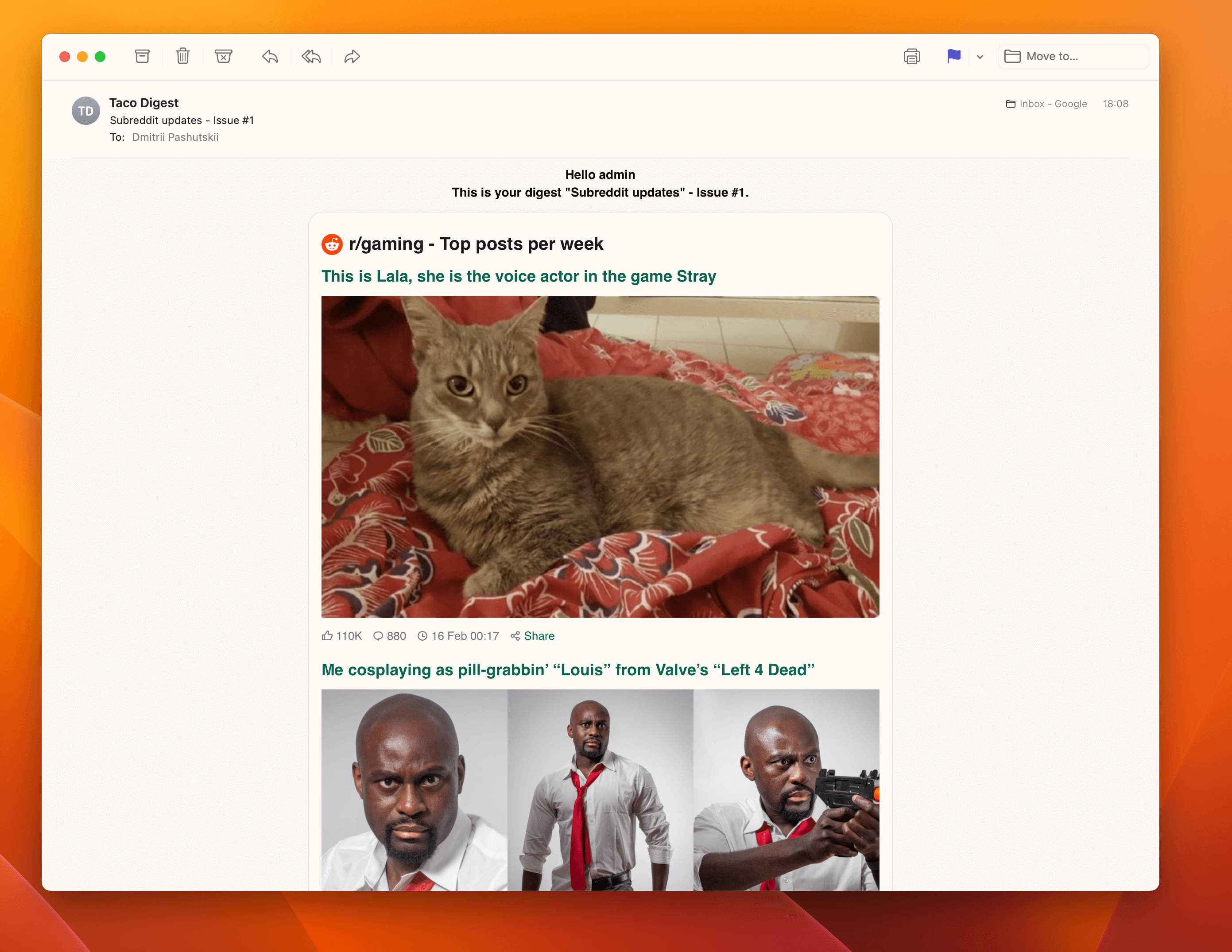 Screenshot example of r/gaming newsletter