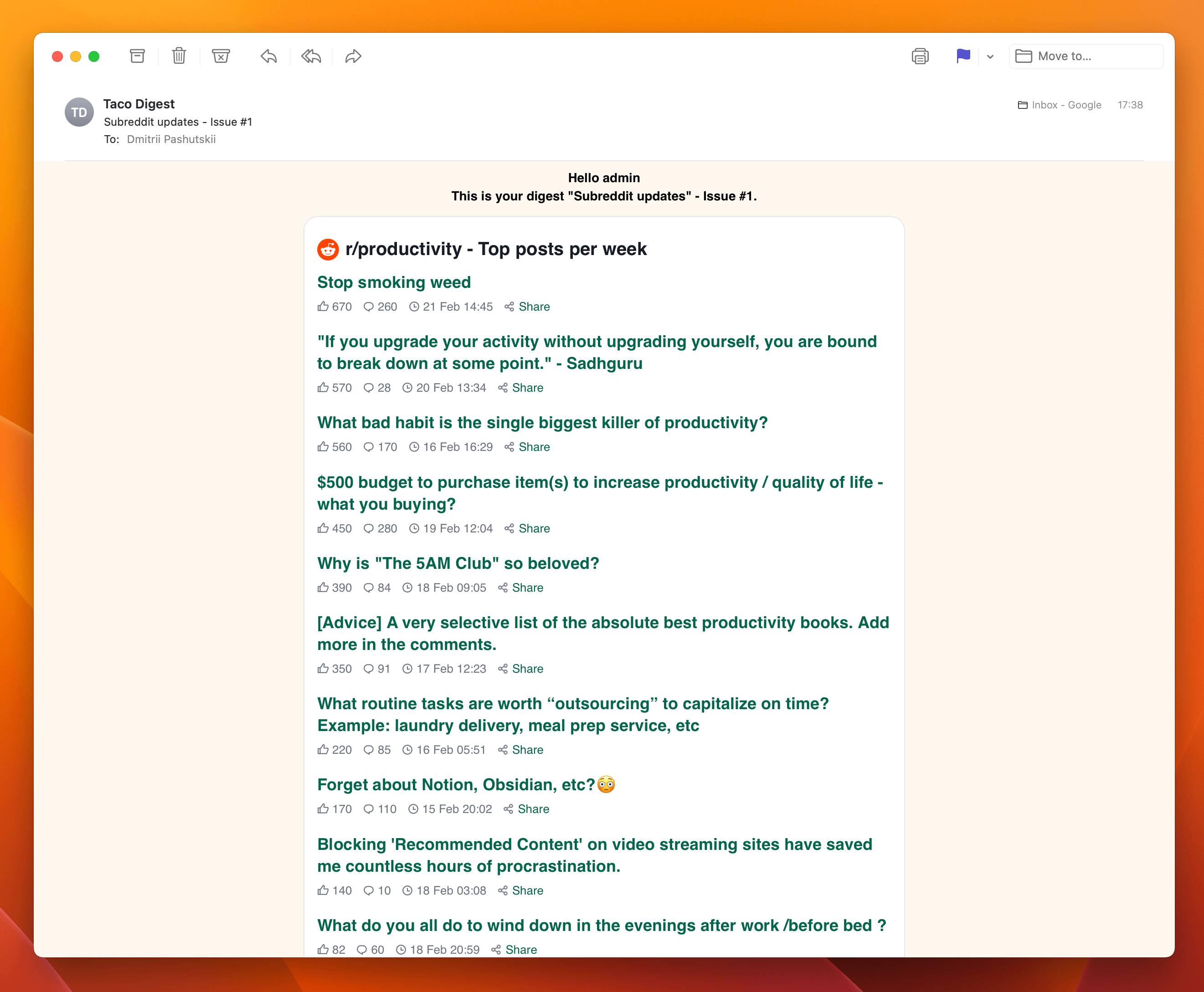 Screenshot example of r/productivity newsletter