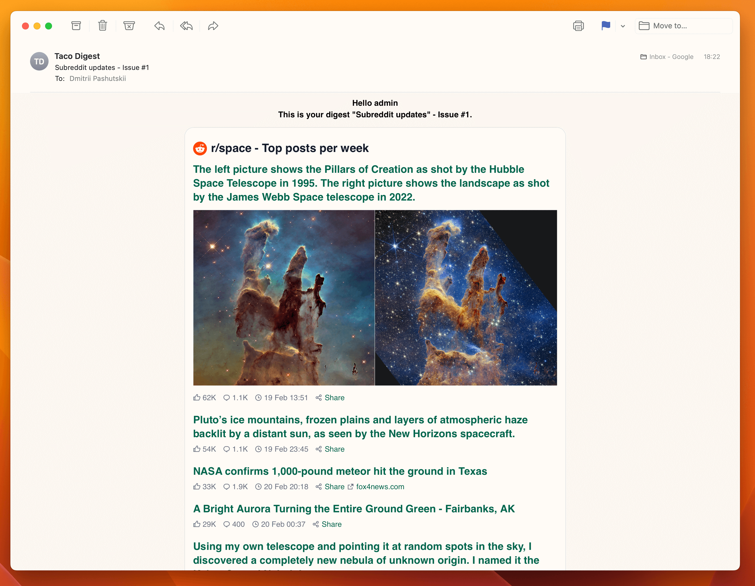 Screenshot example of r/space newsletter