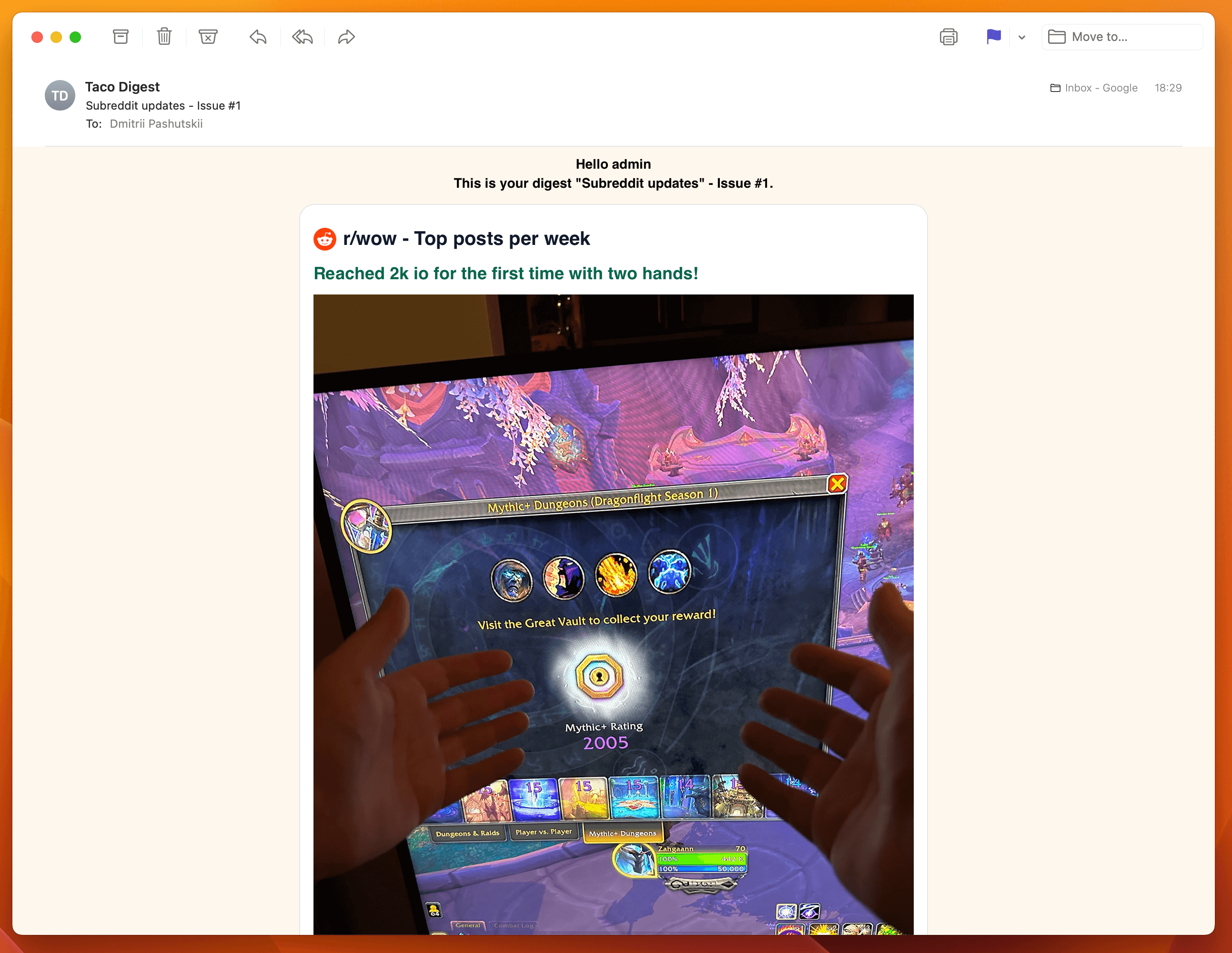 Screenshot example of r/wow newsletter