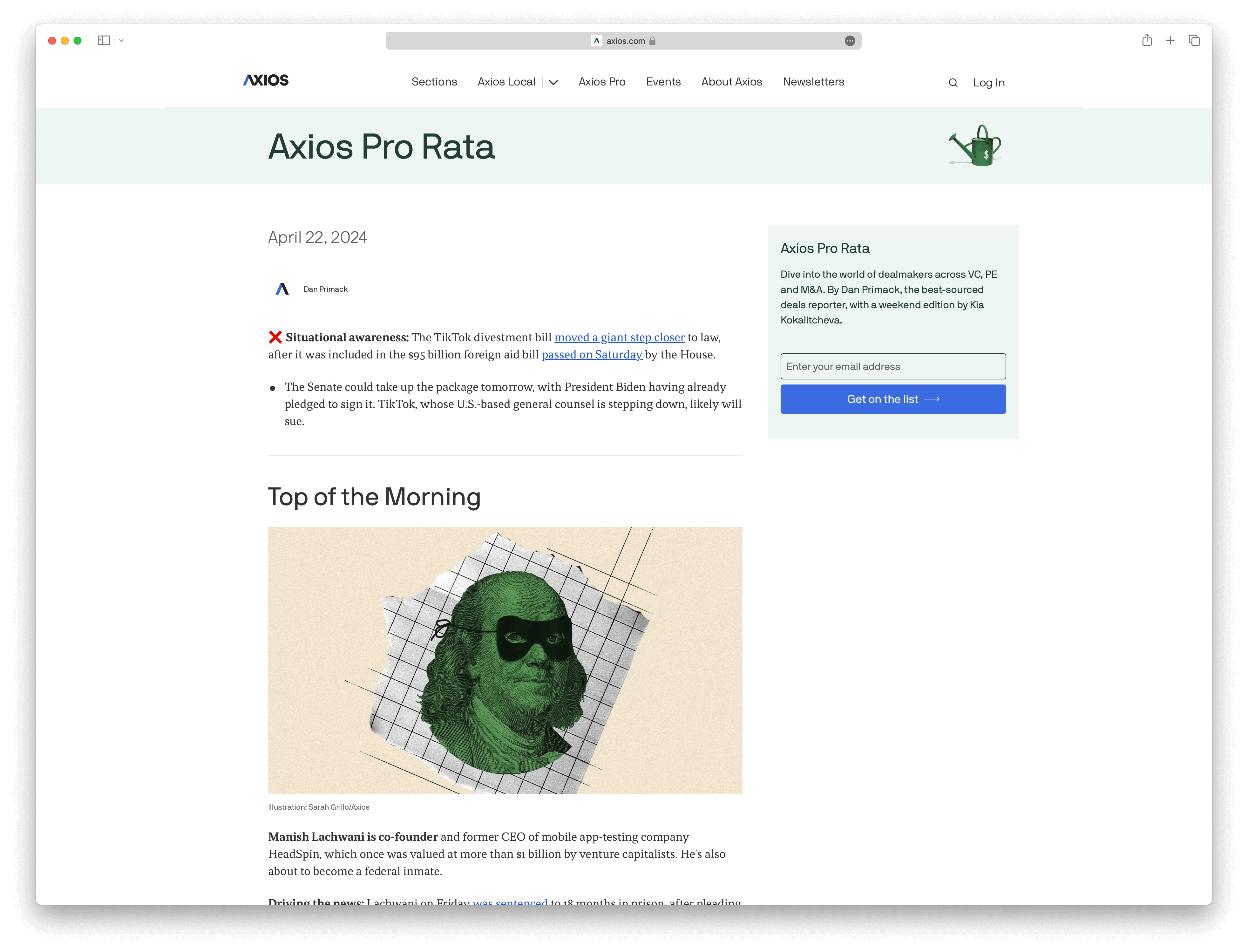 Screenshot example of axios-pro-rata newsletter