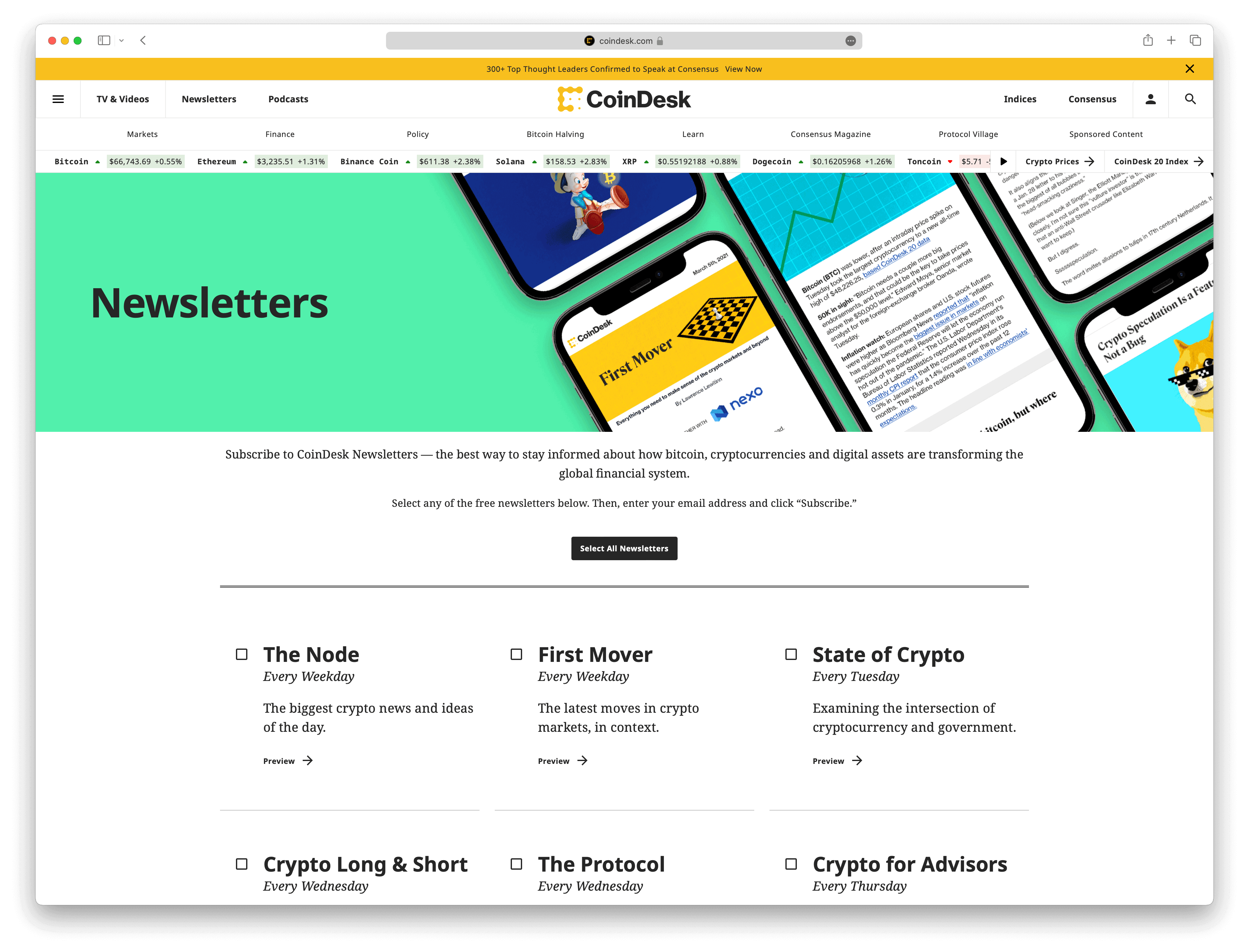 Screenshot example of coindesk newsletter