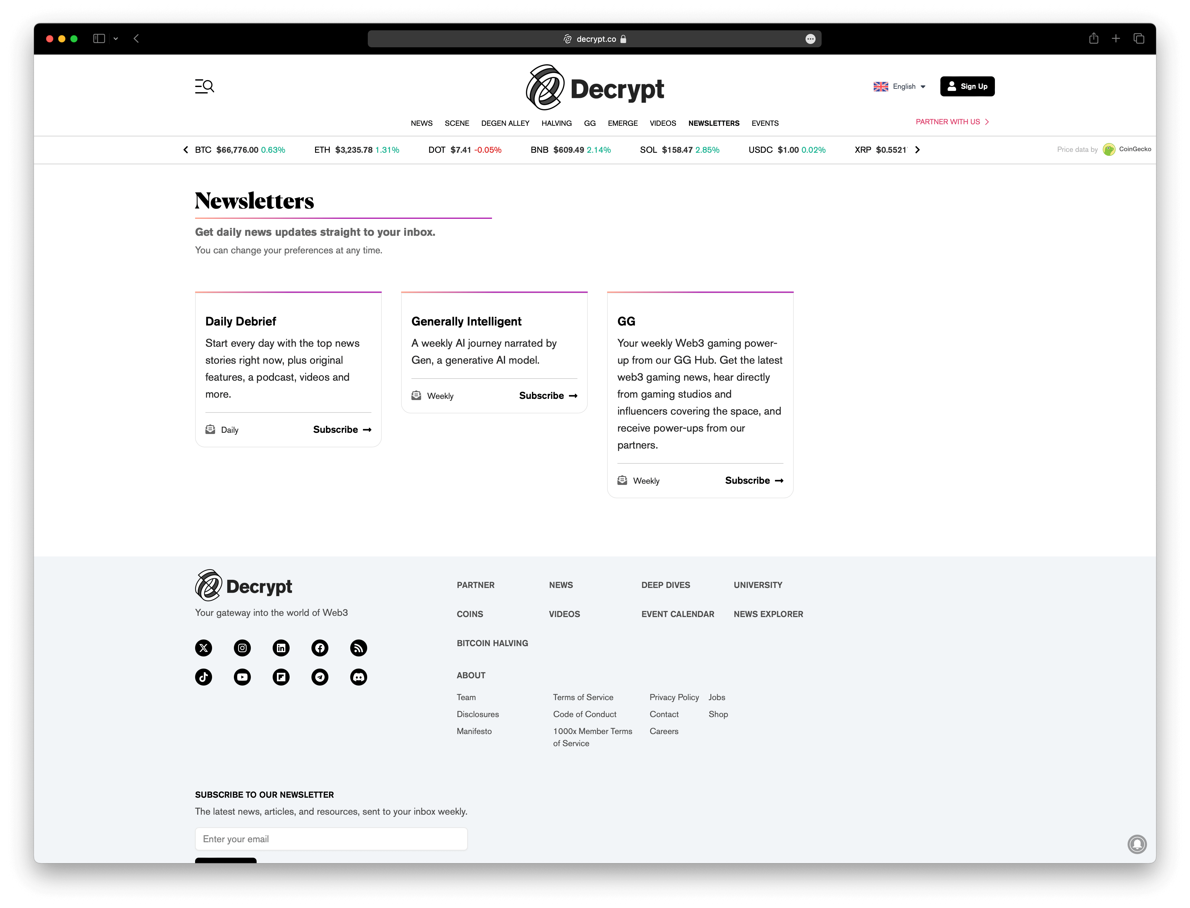 Screenshot example of decrypt newsletter