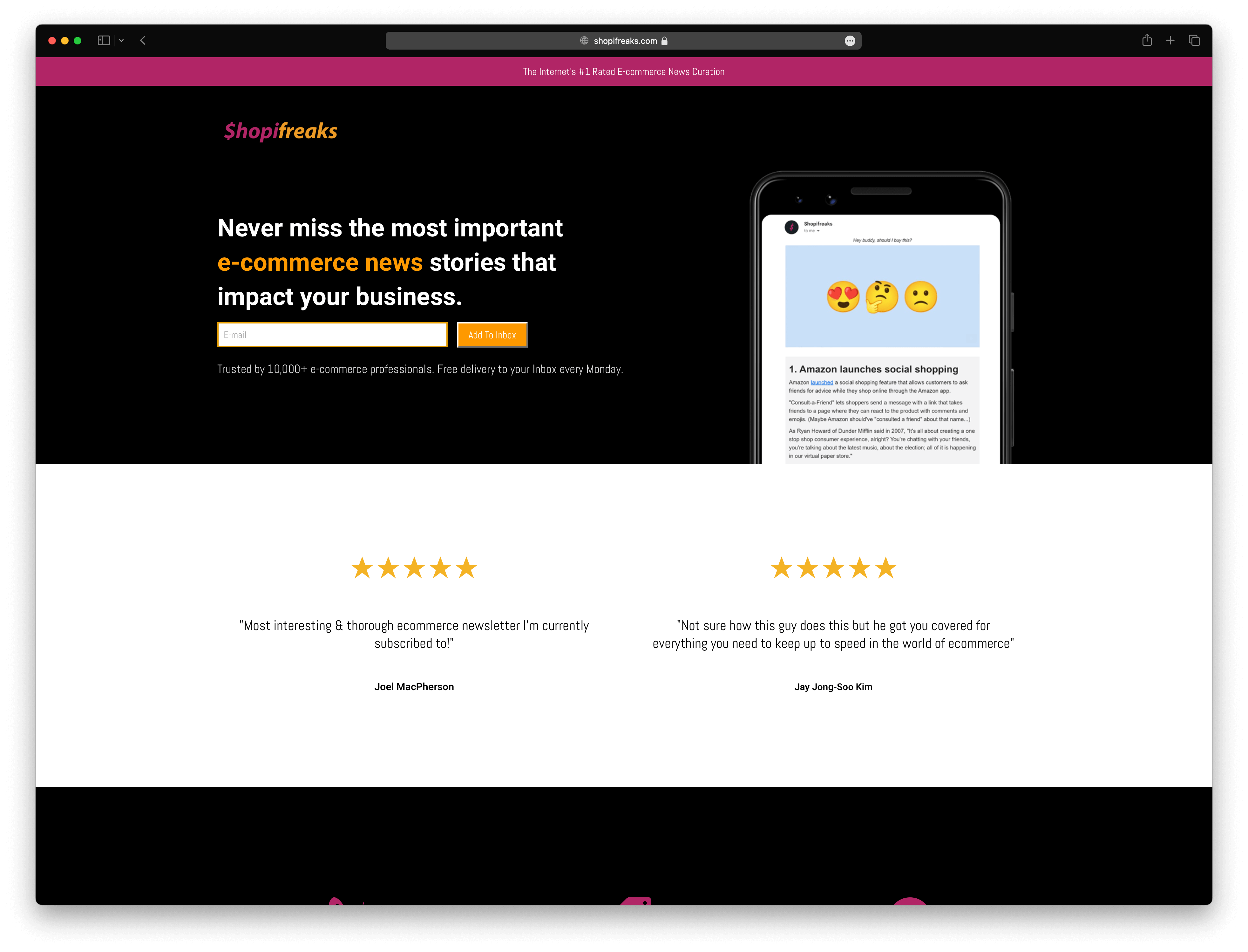 Screenshot example of shopifreaks newsletter