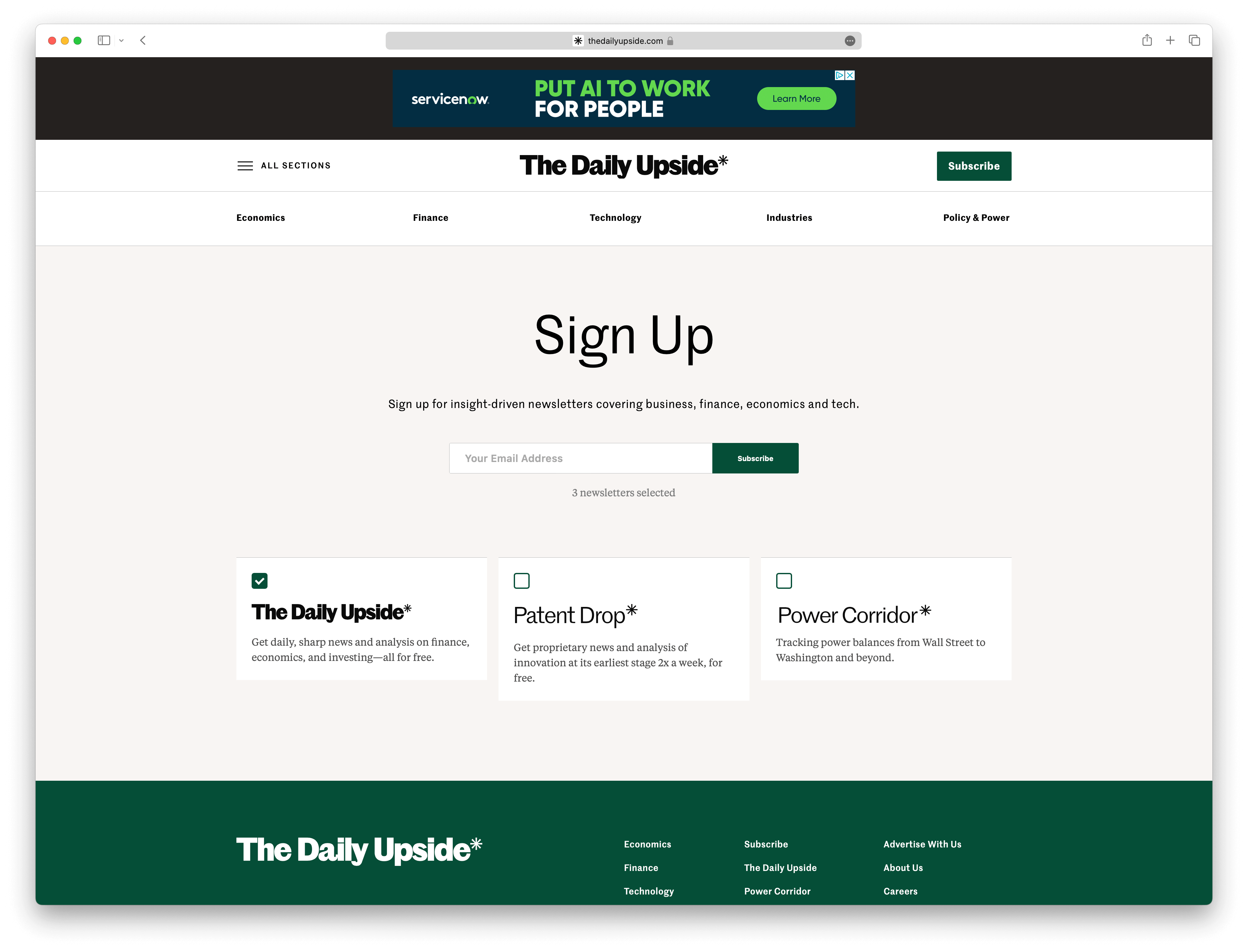 Screenshot example of the-daily-upside newsletter