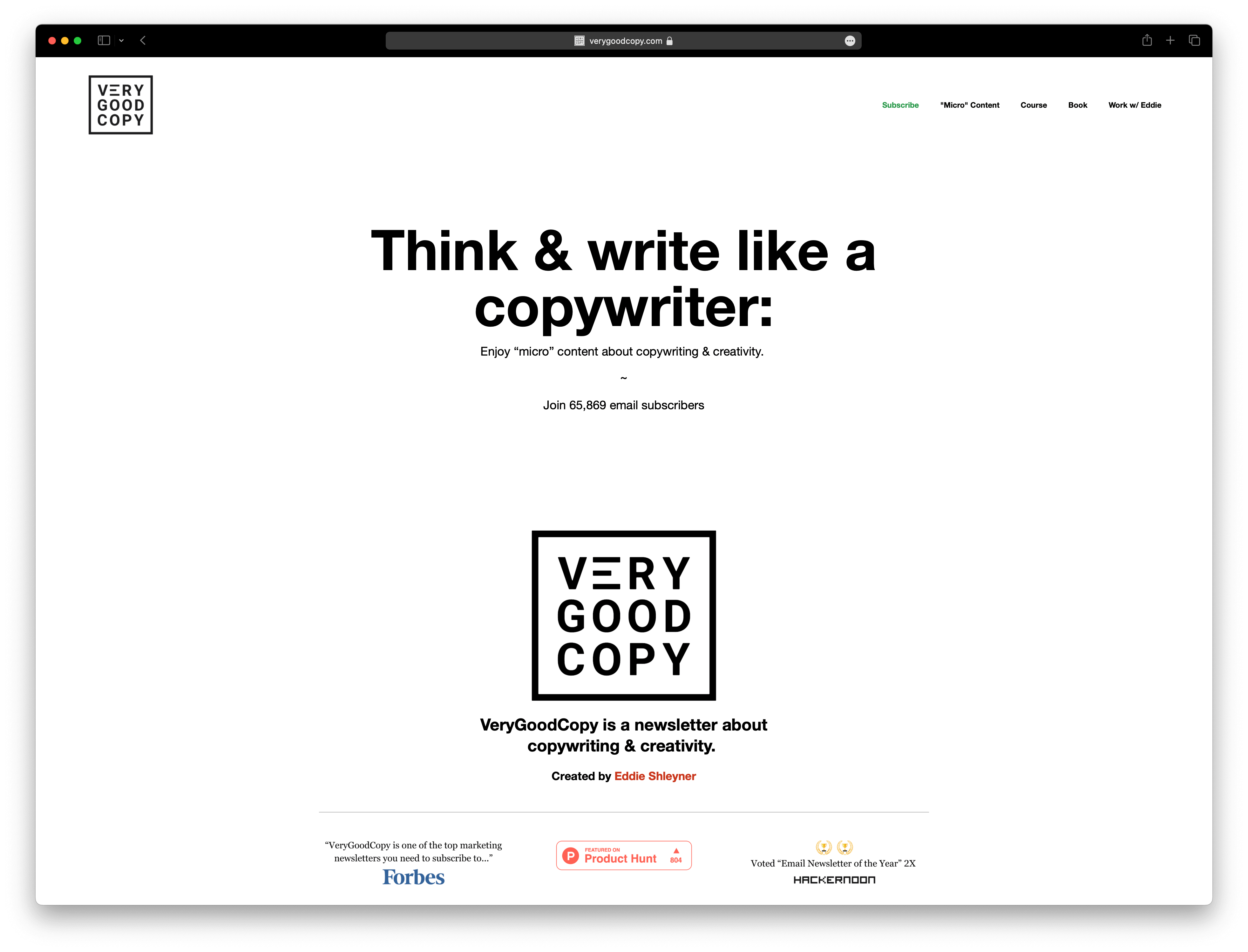 Screenshot example of verygoodcopy newsletter