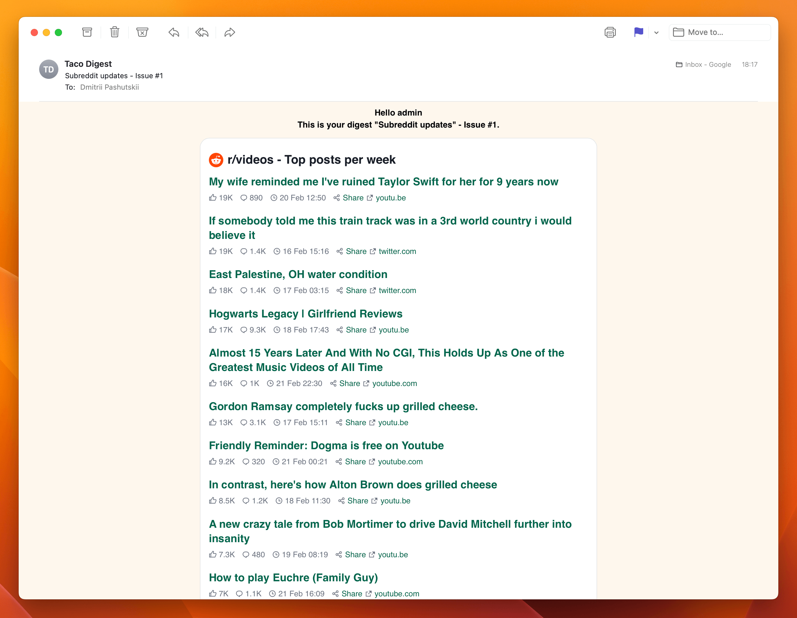 Screenshot example of r/videos newsletter