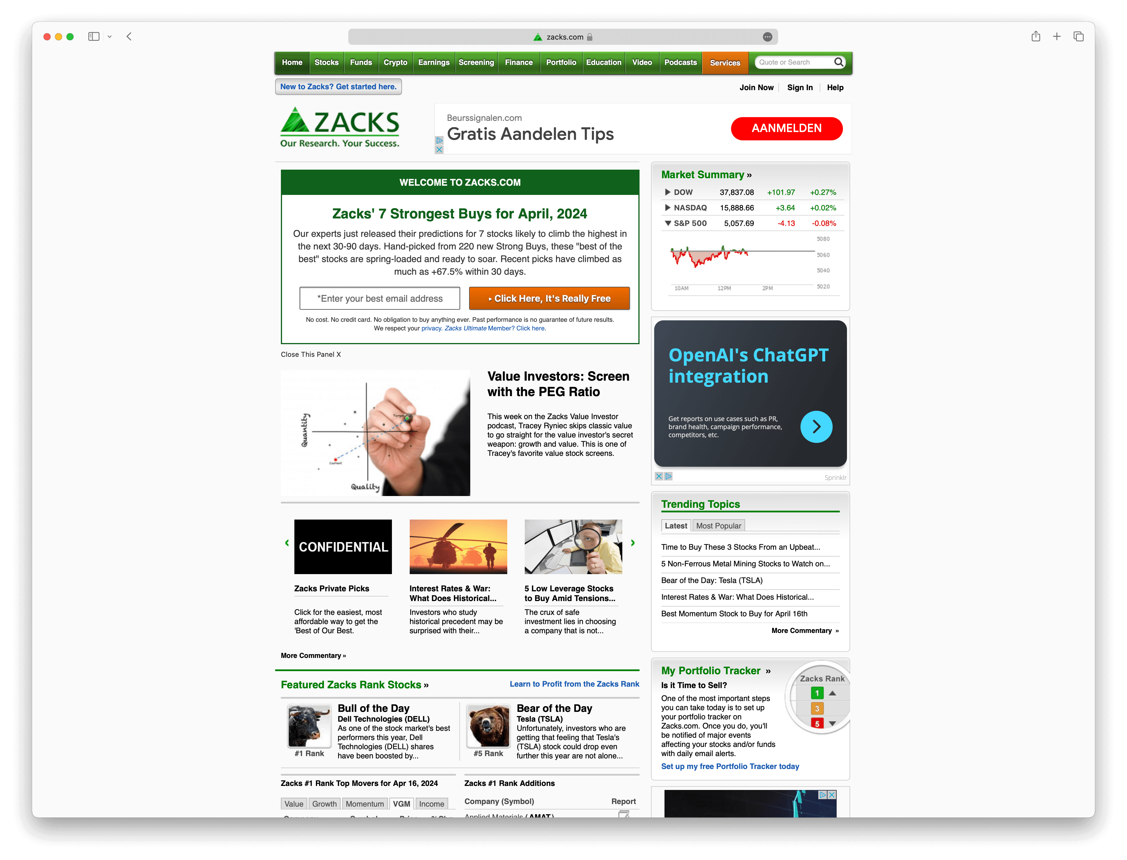 Screenshot example of zacks-investment-research newsletter